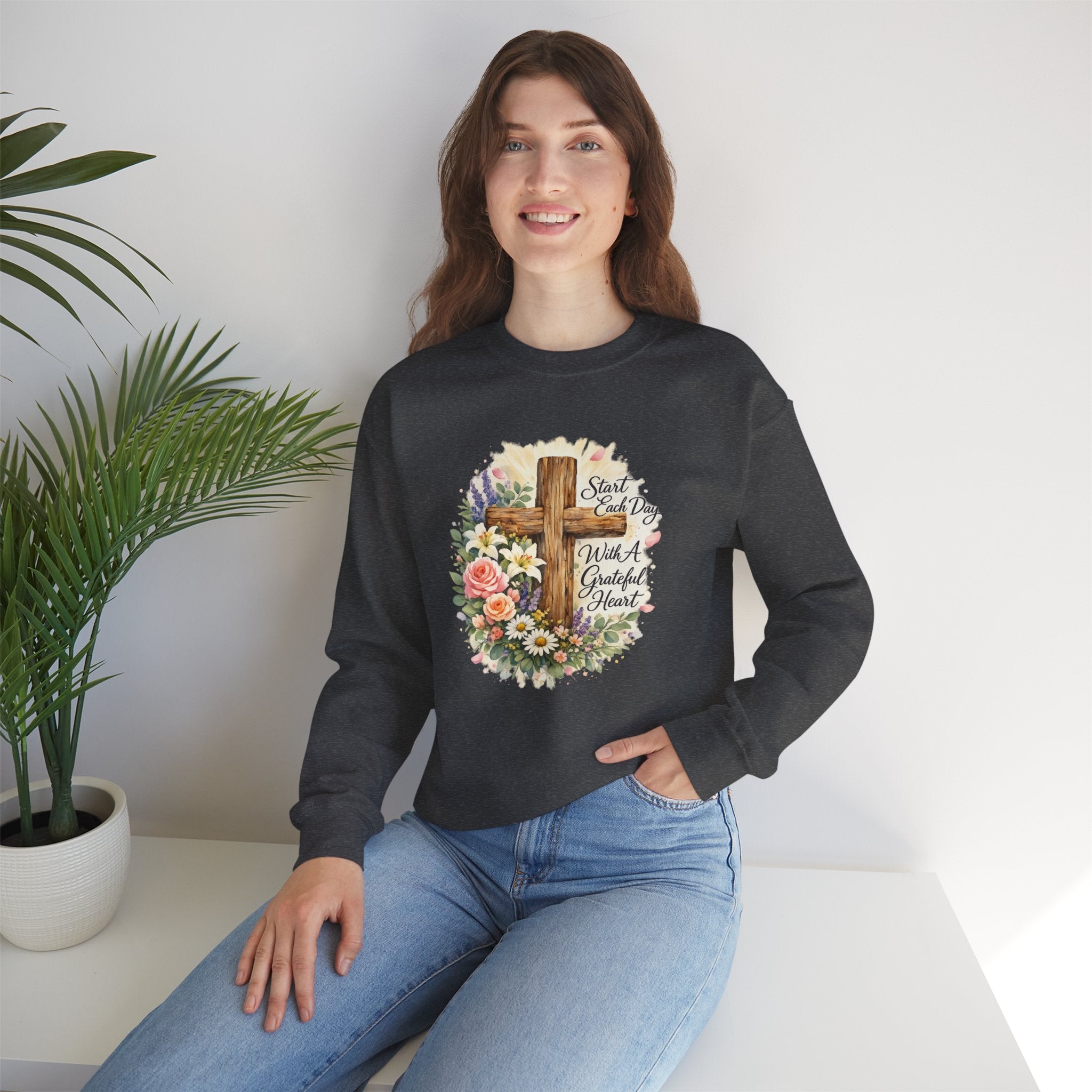 Christian Crewneck Sweatshirt — "Start Each Day with a Grateful Heart" Floral Cross