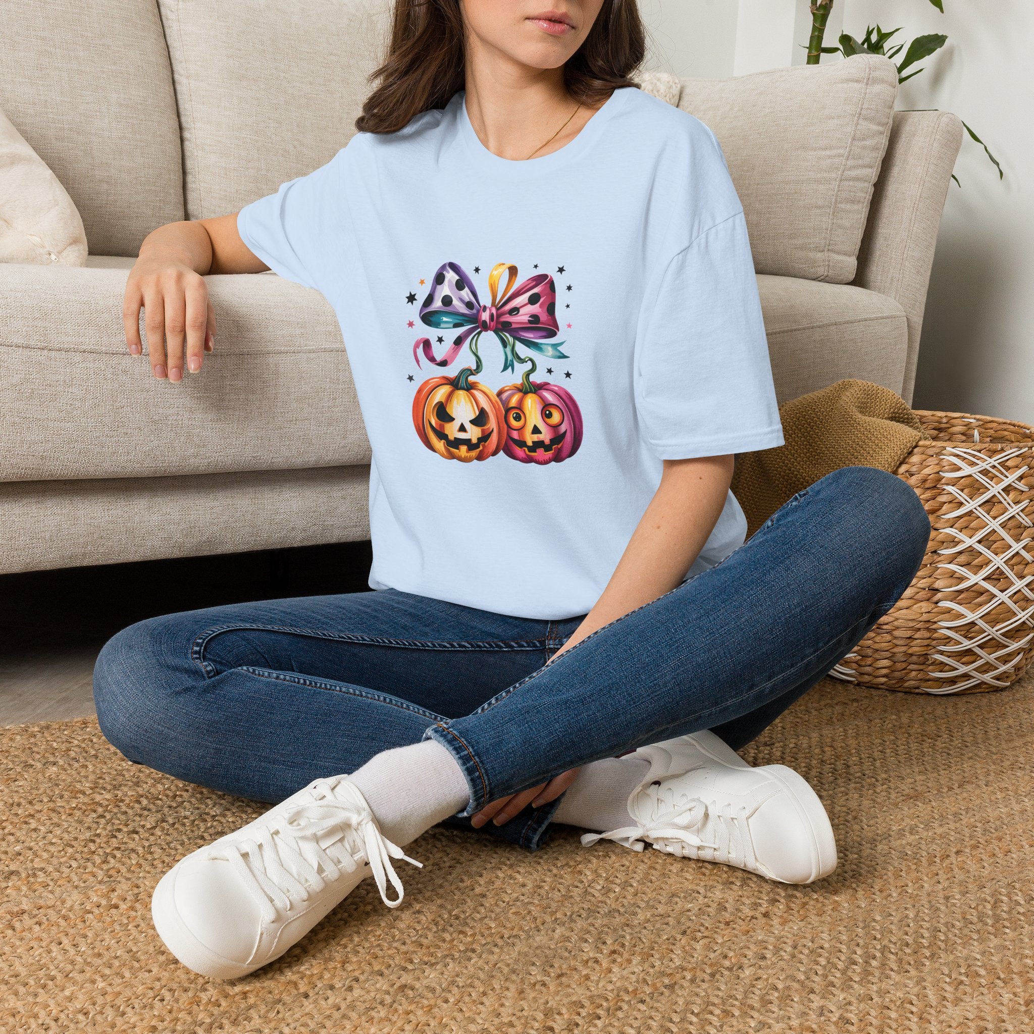 Halloween Pumpkin Bow T-Shirt — Cute Colorful Gift for Women Jack-O'-Lantern Tee