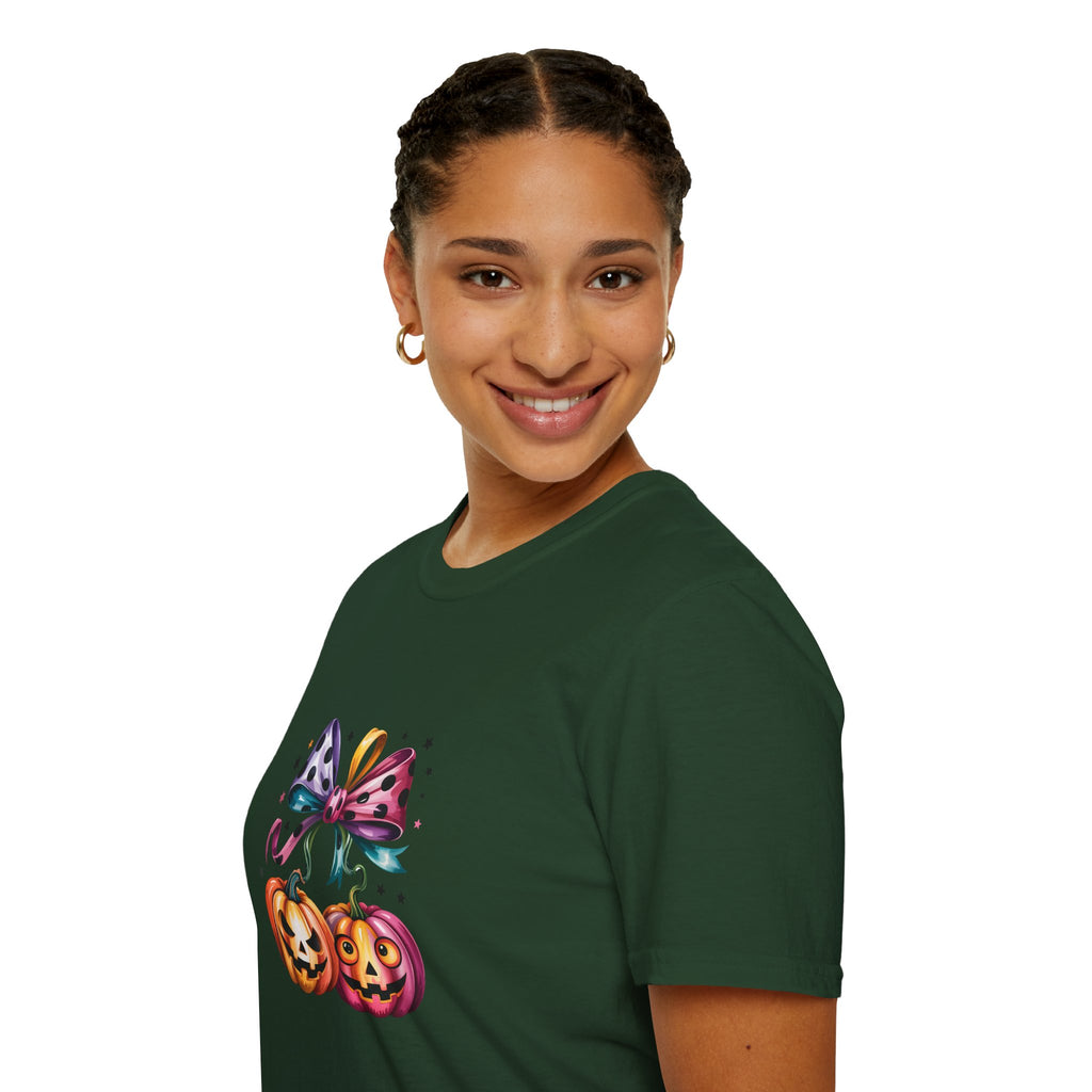 Halloween Pumpkin Bow T-Shirt — Cute Colorful Gift for Women Jack-O'-Lantern Tee