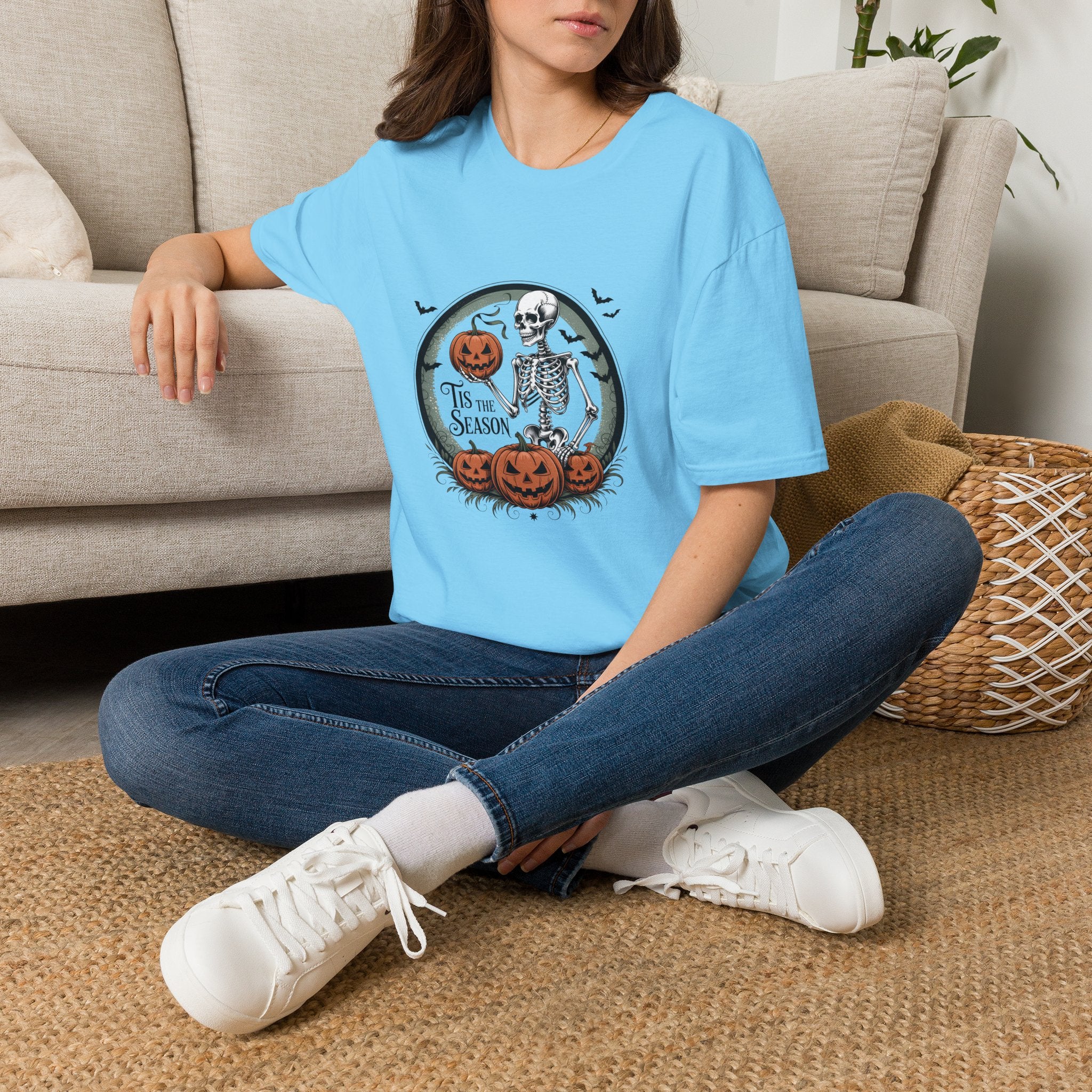 Tis the Season Skeleton Pumpkin T-Shirt — Funny Halloween Gift for Women Graphic Tee