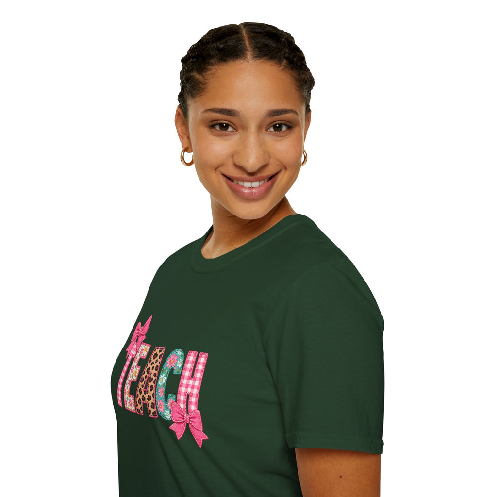 Floral Leopard TEACH T-Shirt — Cute Back-to-School Gift for Teachers Pink Bow Tee