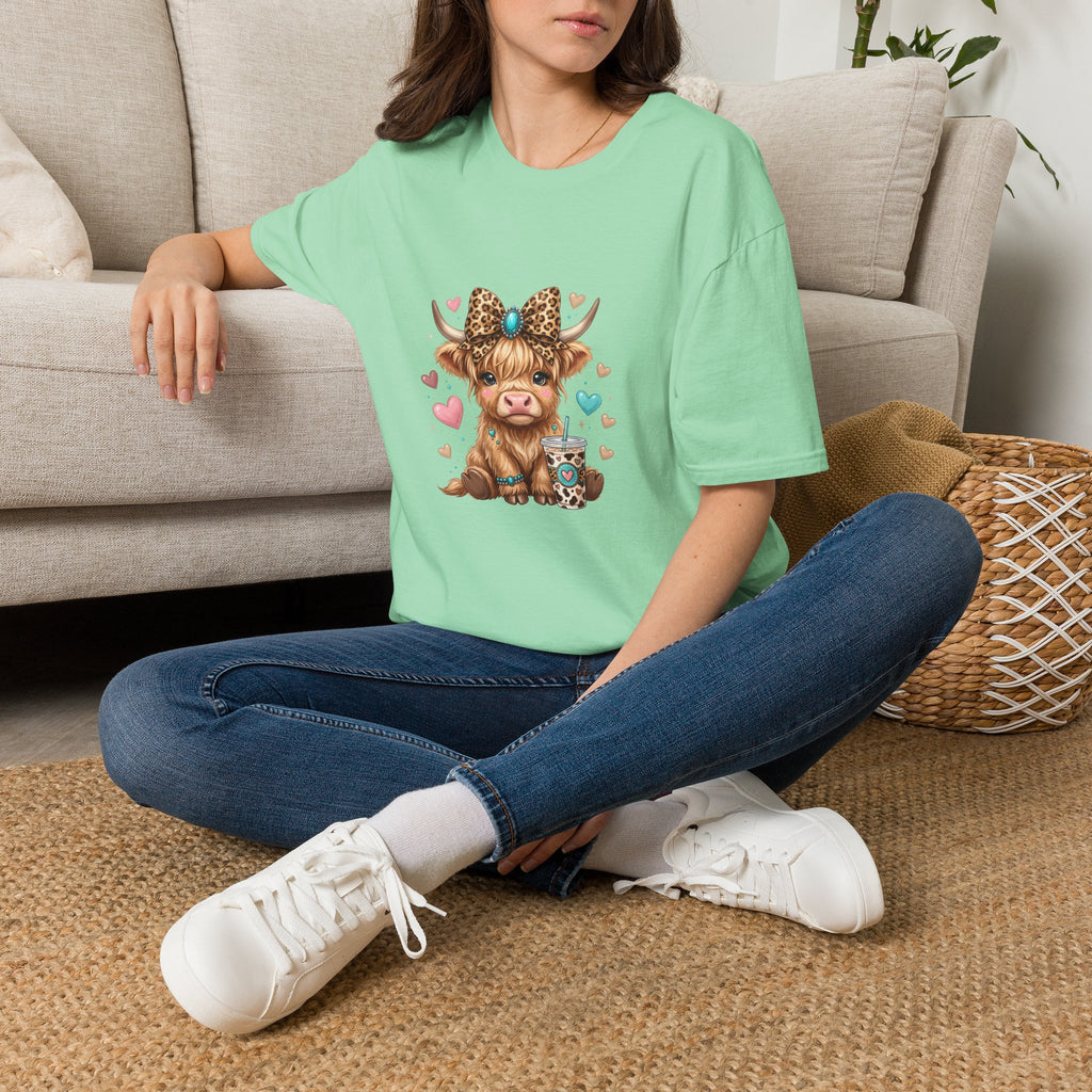 Highland Cow Leopard Bow T-Shirt — Cute Funny Gift for Her Hearts Graphic Tee