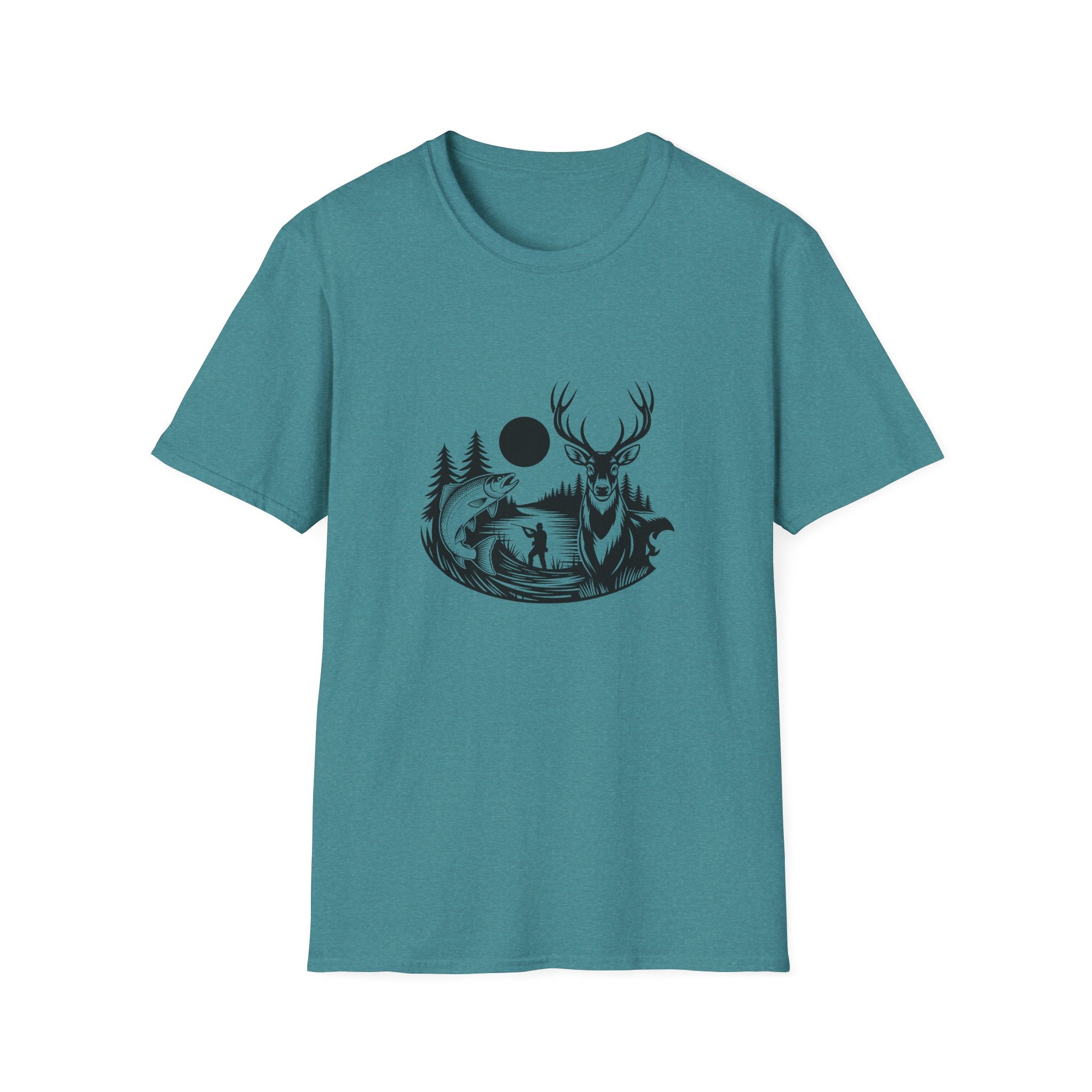 Deer & Fish Forest Silhouette T-Shirt — Rustic Outdoor Gift for Hunters Graphic Tee
