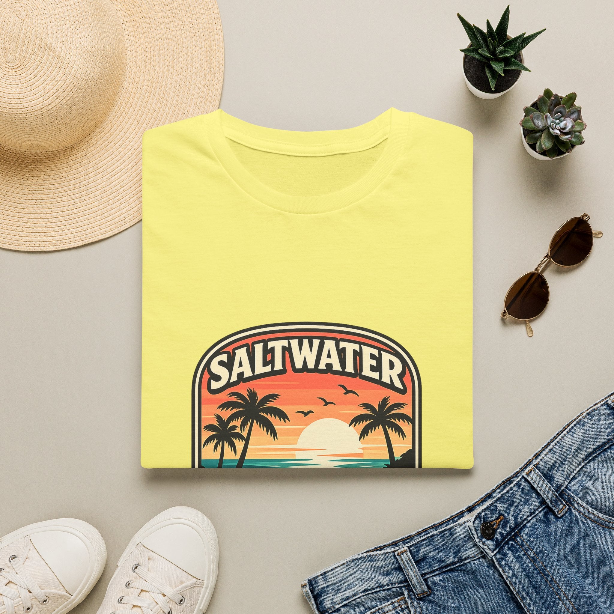 Saltwater Soul Retro Beach T-Shirt — Cute Coastal Gift for Women Sunset Palm Tee