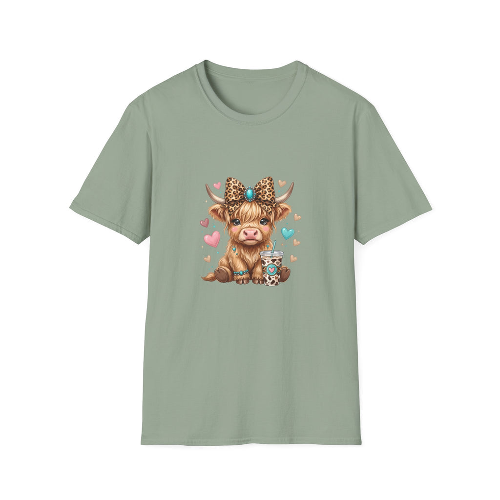 Highland Cow Leopard Bow T-Shirt — Cute Funny Gift for Her Hearts Graphic Tee