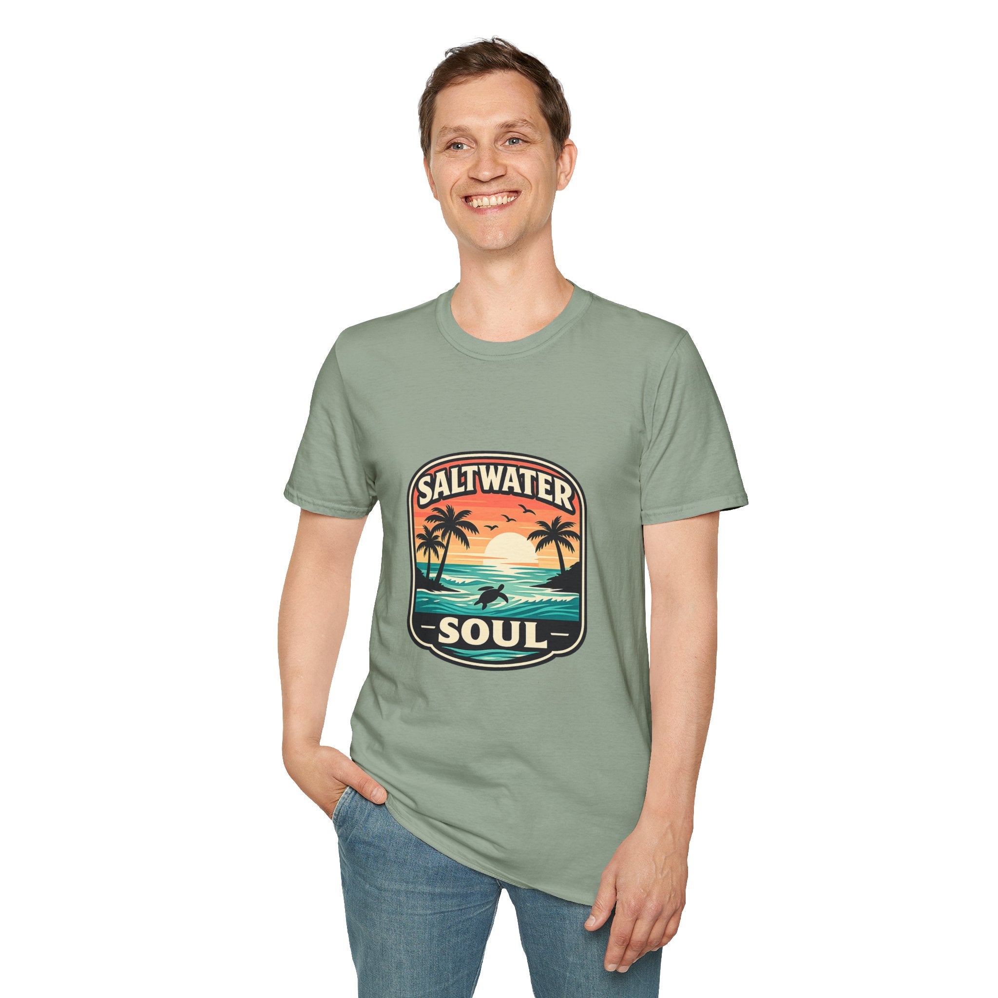 Saltwater Soul Retro Beach T-Shirt — Cute Coastal Gift for Women Sunset Palm Tee