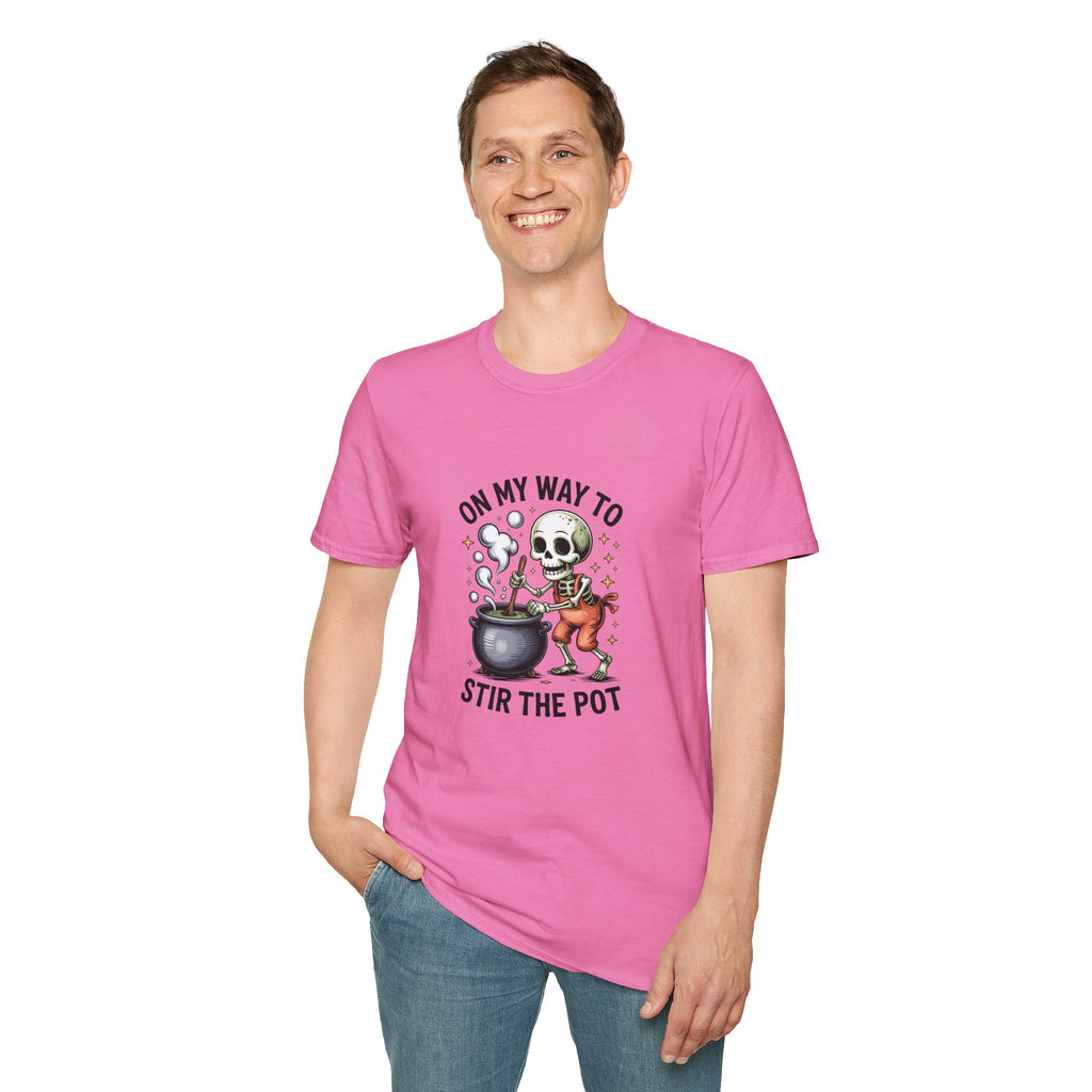 On My Way to Stir the Pot Skeleton T-Shirt — Funny Halloween Gift for Women