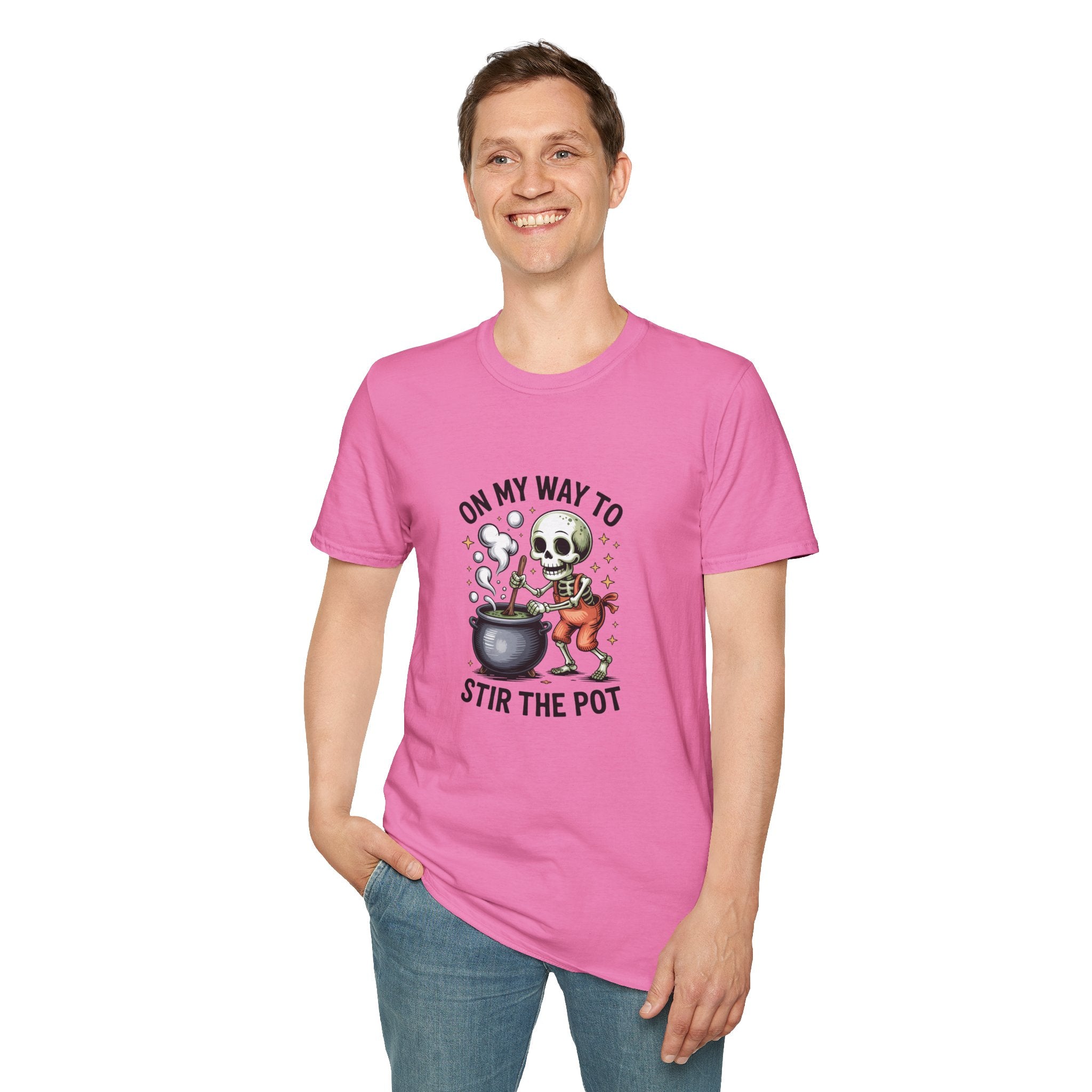 On My Way to Stir the Pot Skeleton T-Shirt — Funny Halloween Gift for Women