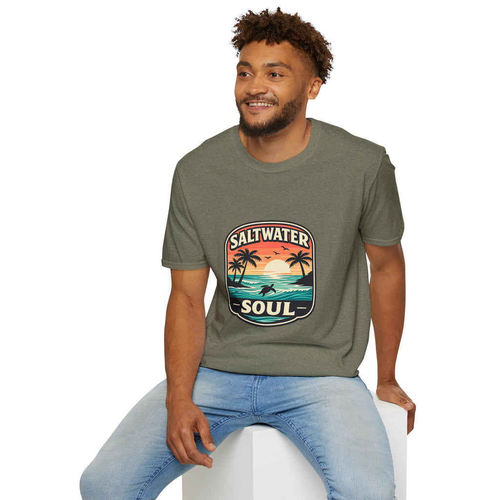 Saltwater Soul Retro Beach T-Shirt — Cute Coastal Gift for Women Sunset Palm Tee
