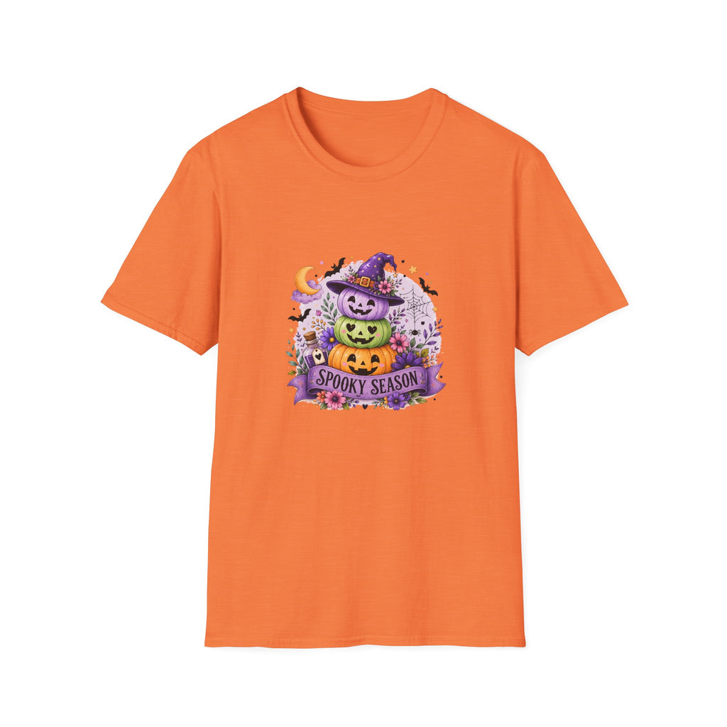 Spooky Season Pumpkin Stack T-Shirt — Cute Halloween Gift for Women Witch Hat Tee