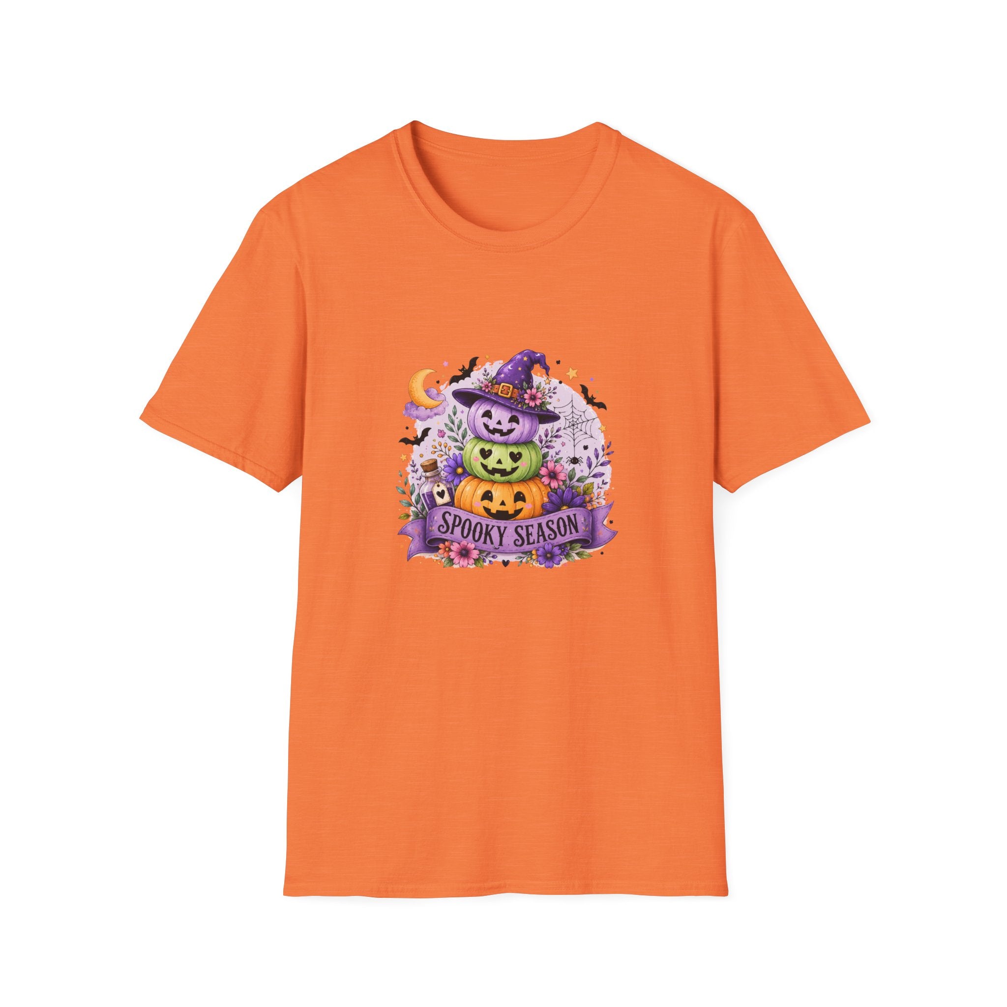 Spooky Season Pumpkin Stack T-Shirt — Cute Halloween Gift for Women Witch Hat Tee