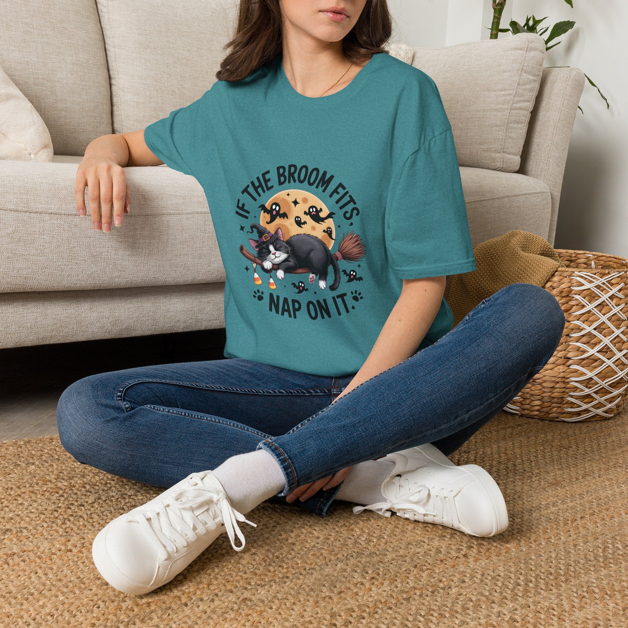 If the Broom Fits Nap on It Cat T-Shirt — Funny Halloween Gift for Women Witchy Tee