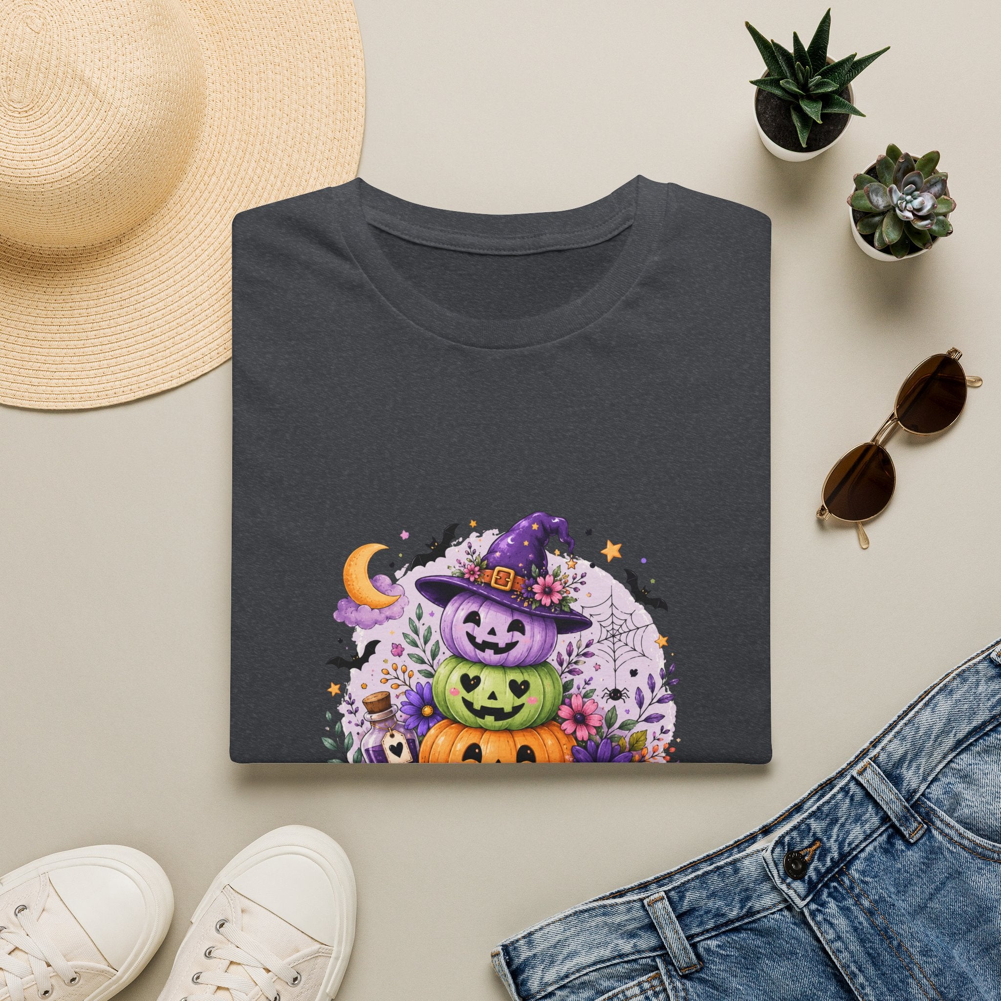 Spooky Season Pumpkin Stack T-Shirt — Cute Halloween Gift for Women Witch Hat Tee
