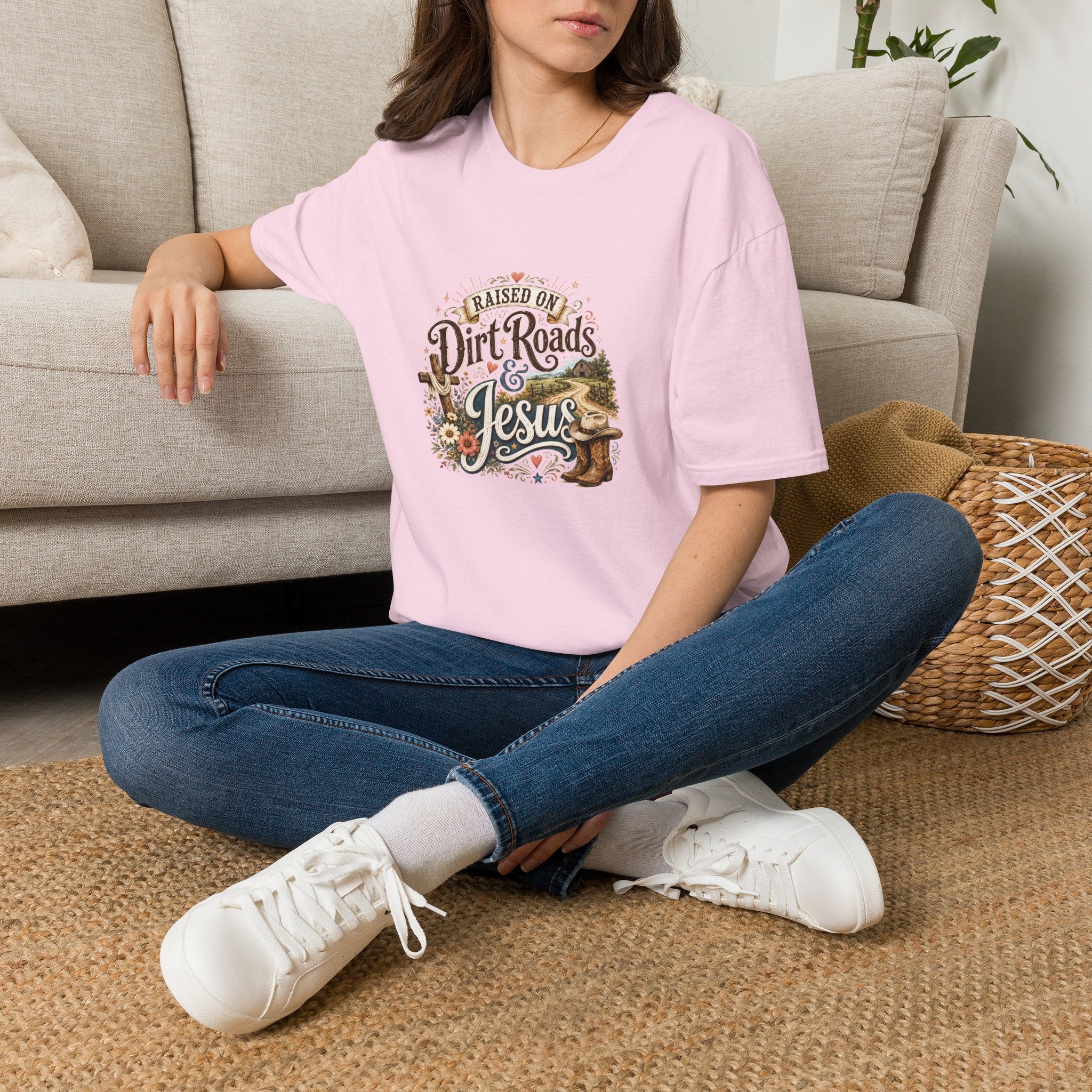 Raised on Dirt Roads & Jesus T-Shirt — Rustic Christian Gift for Women Faith Tee