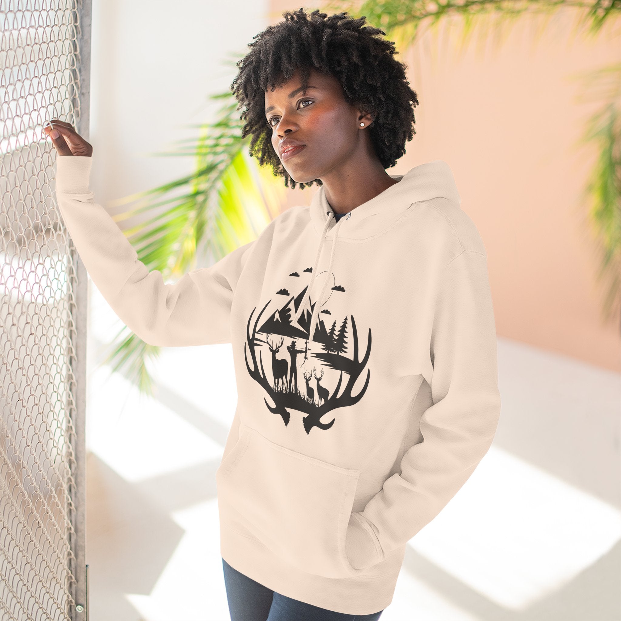 Deer Antler Mountain Hoodie — Rustic Outdoor Gift for Him Wildlife Graphic Pullover