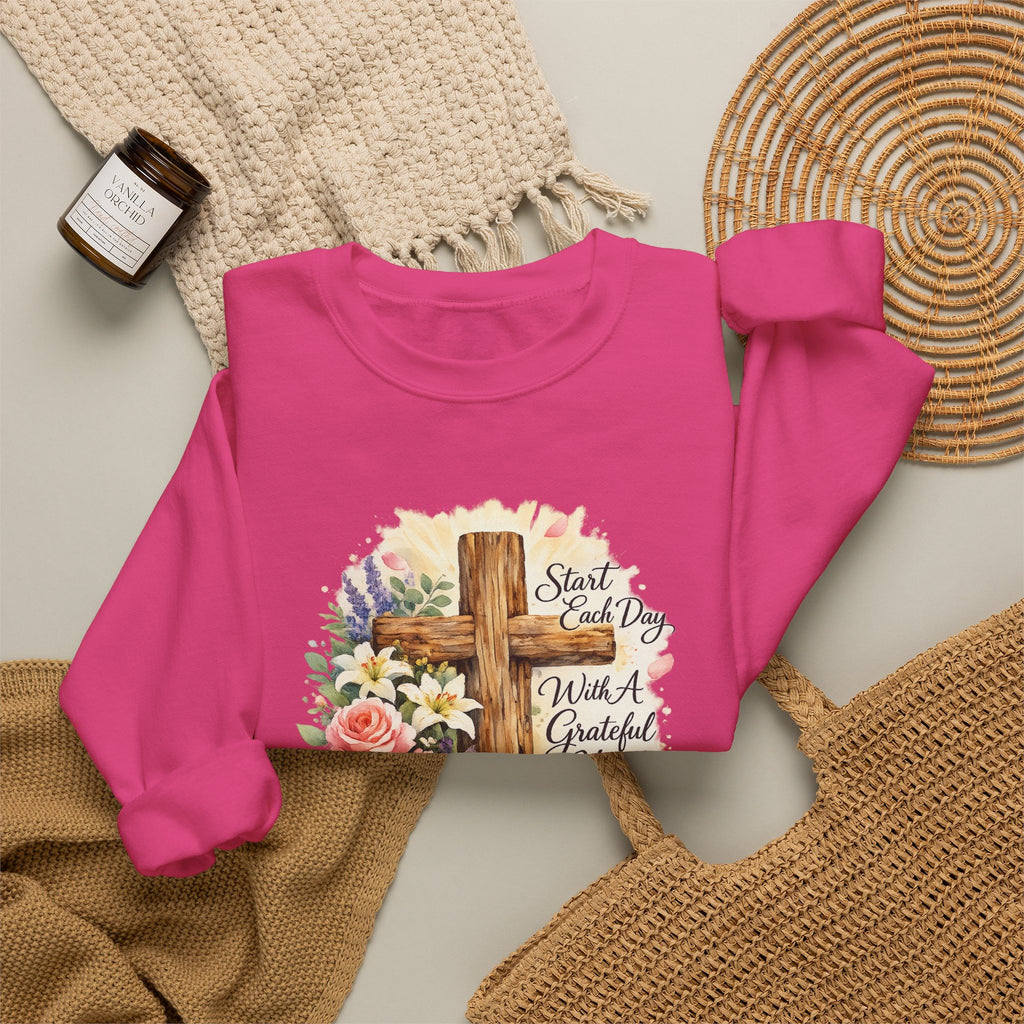 Christian Crewneck Sweatshirt — "Start Each Day with a Grateful Heart" Floral Cross