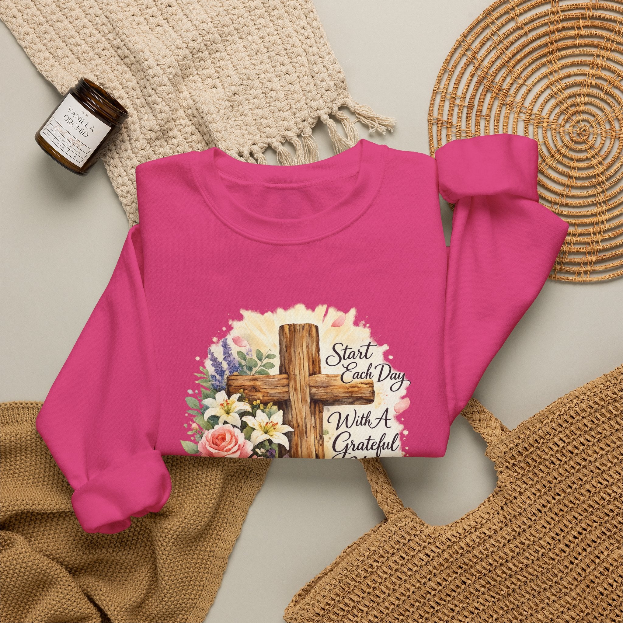 Christian Crewneck Sweatshirt — "Start Each Day with a Grateful Heart" Floral Cross