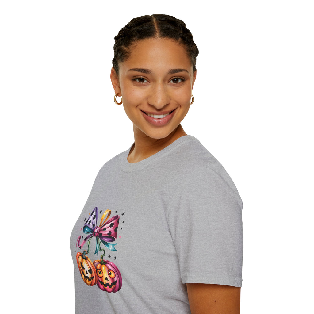 Halloween Pumpkin Bow T-Shirt — Cute Colorful Gift for Women Jack-O'-Lantern Tee