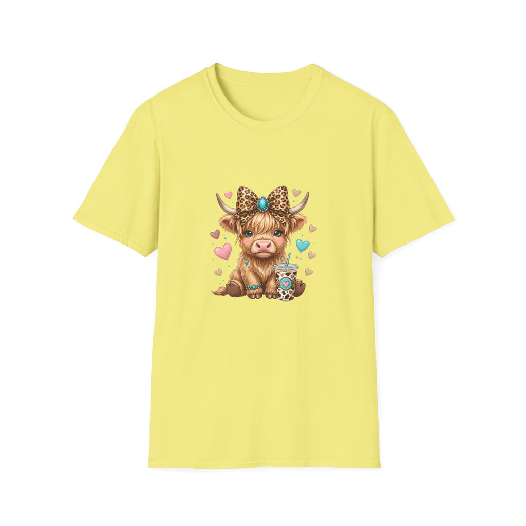 Highland Cow Leopard Bow T-Shirt — Cute Funny Gift for Her Hearts Graphic Tee