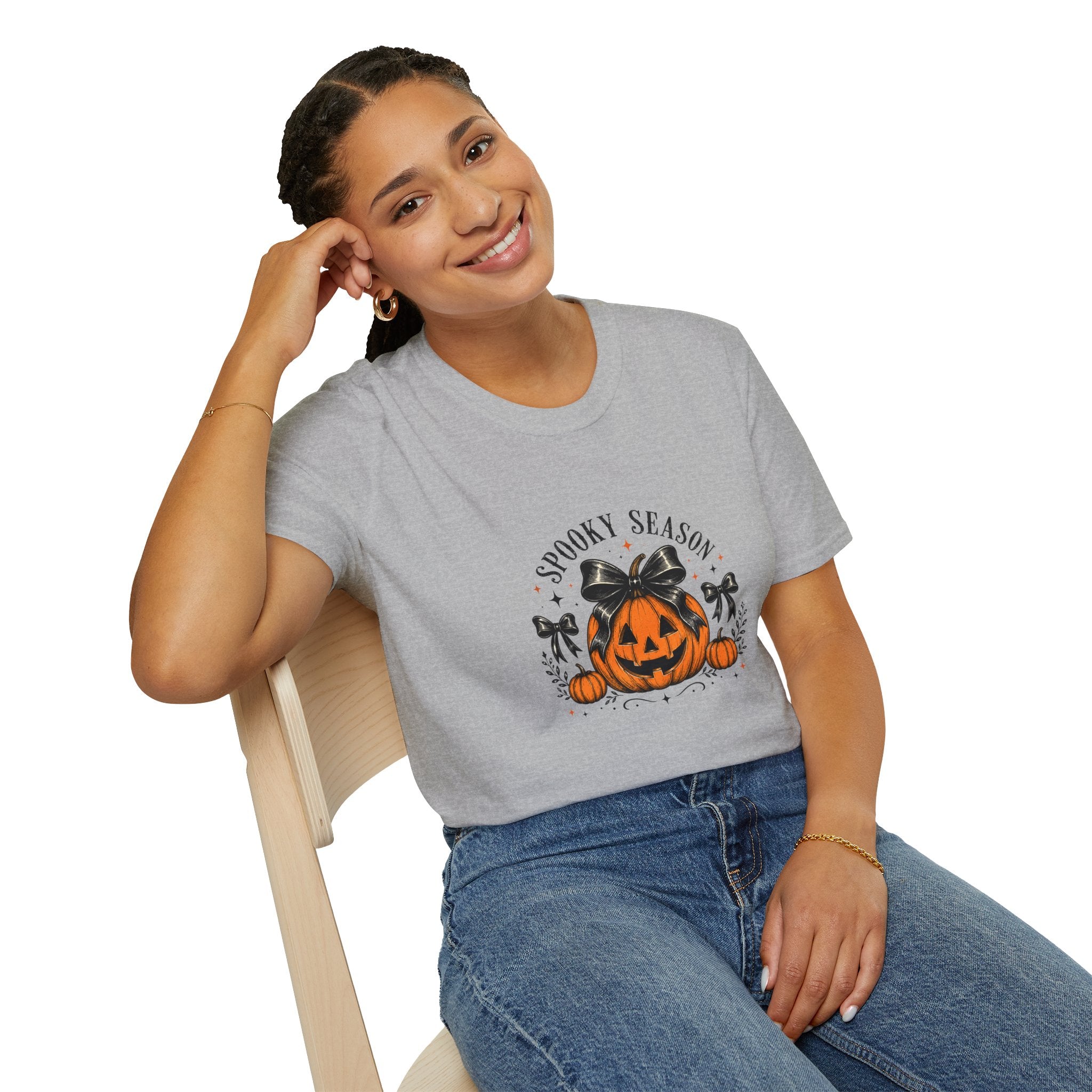 Spooky Season Jack-O'-Lantern Bow T-Shirt — Cute Halloween Gift for Women Graphic Tee