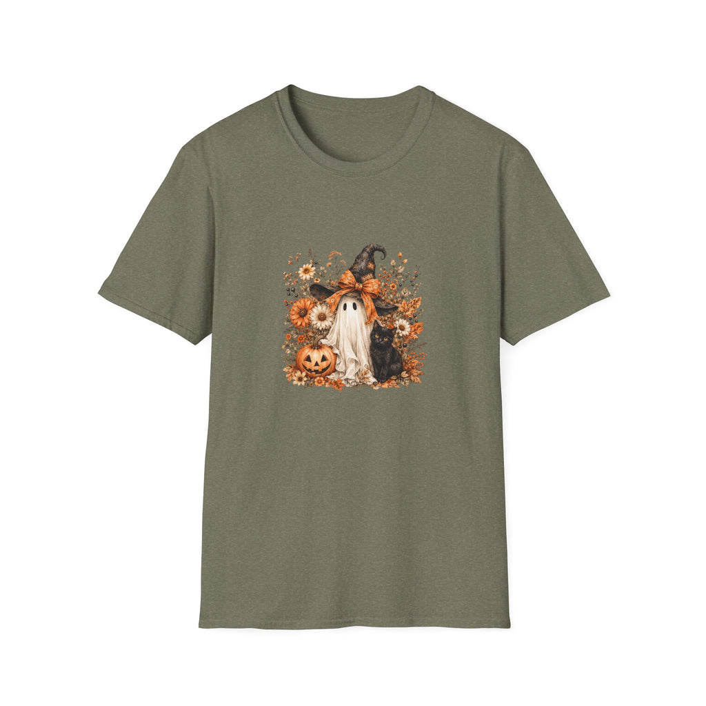 Halloween Witch Ghost & Cat T-Shirt — Cute Spooky Gift for Women Fall Floral Tee