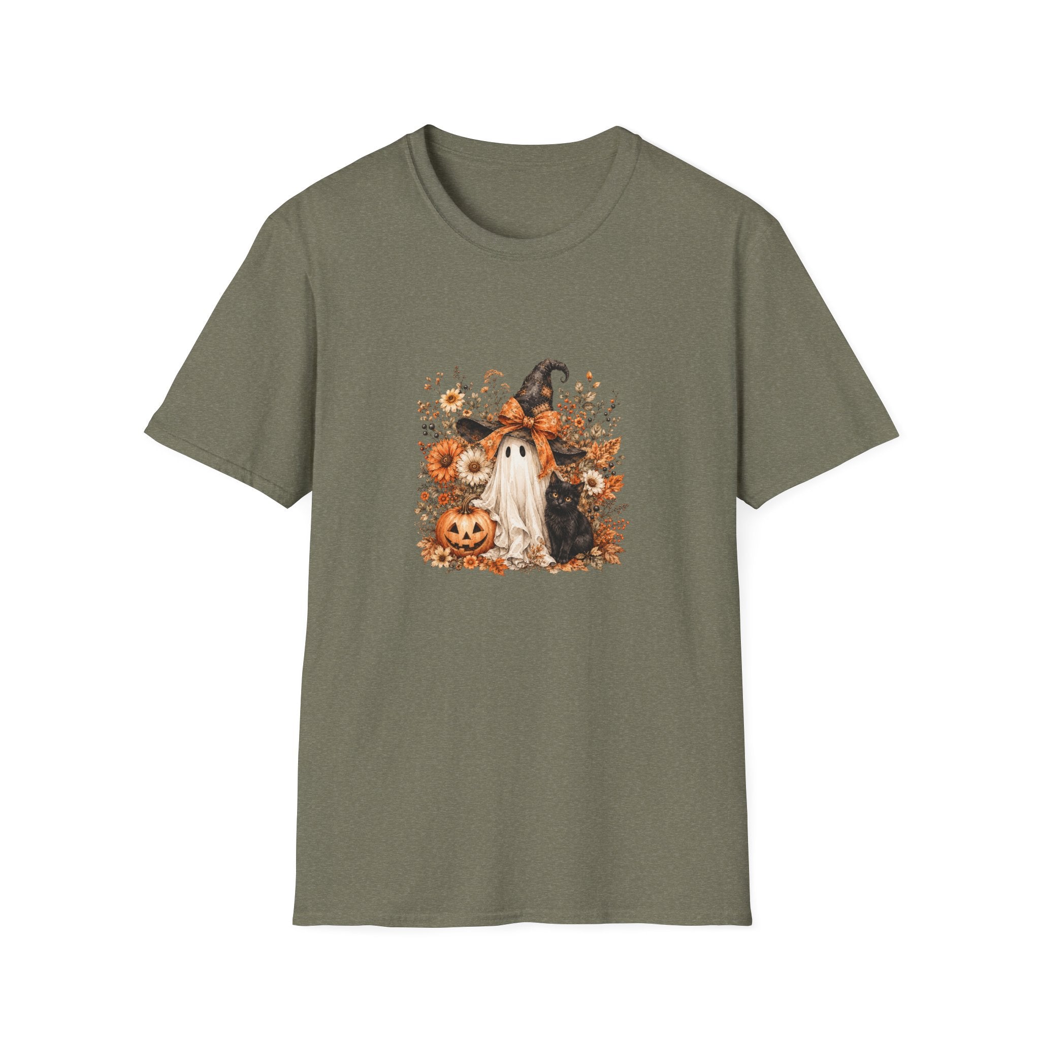 Halloween Witch Ghost & Cat T-Shirt — Cute Spooky Gift for Women Fall Floral Tee