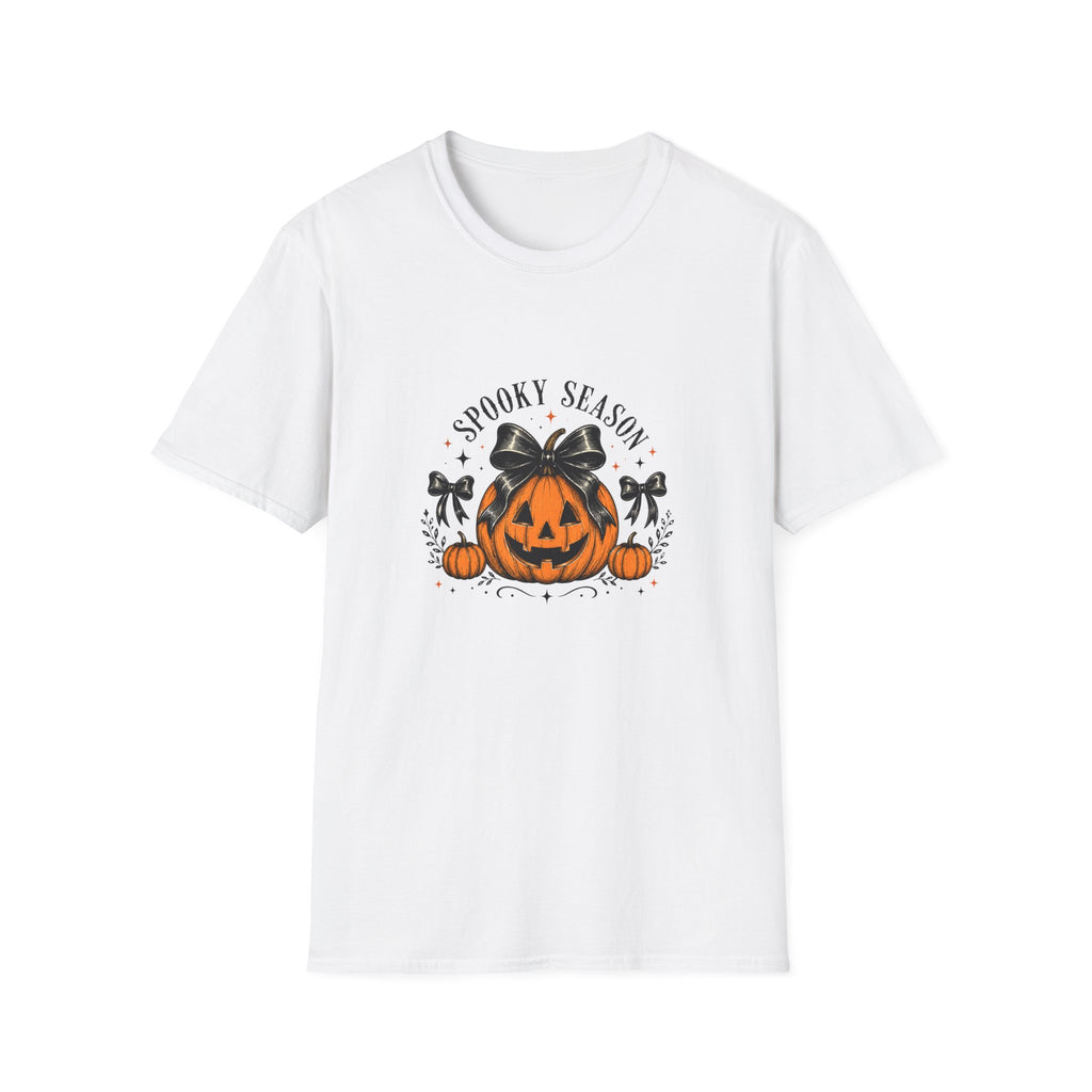 Spooky Season Jack-O'-Lantern Bow T-Shirt — Cute Halloween Gift for Women Graphic Tee