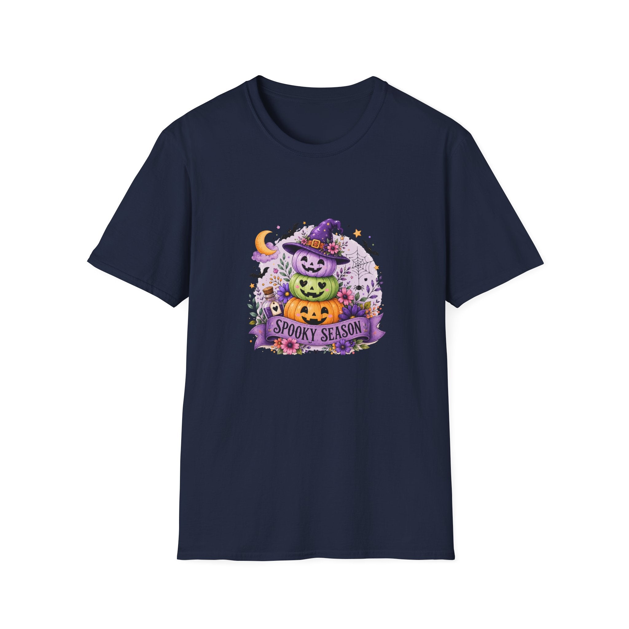 Spooky Season Pumpkin Stack T-Shirt — Cute Halloween Gift for Women Witch Hat Tee