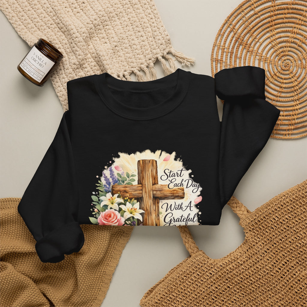 Christian Crewneck Sweatshirt — "Start Each Day with a Grateful Heart" Floral Cross