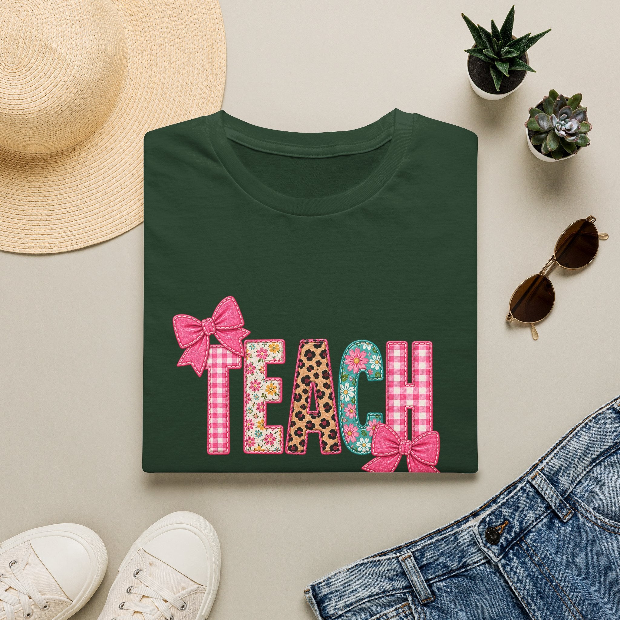 Floral Leopard TEACH T-Shirt — Cute Back-to-School Gift for Teachers Pink Bow Tee