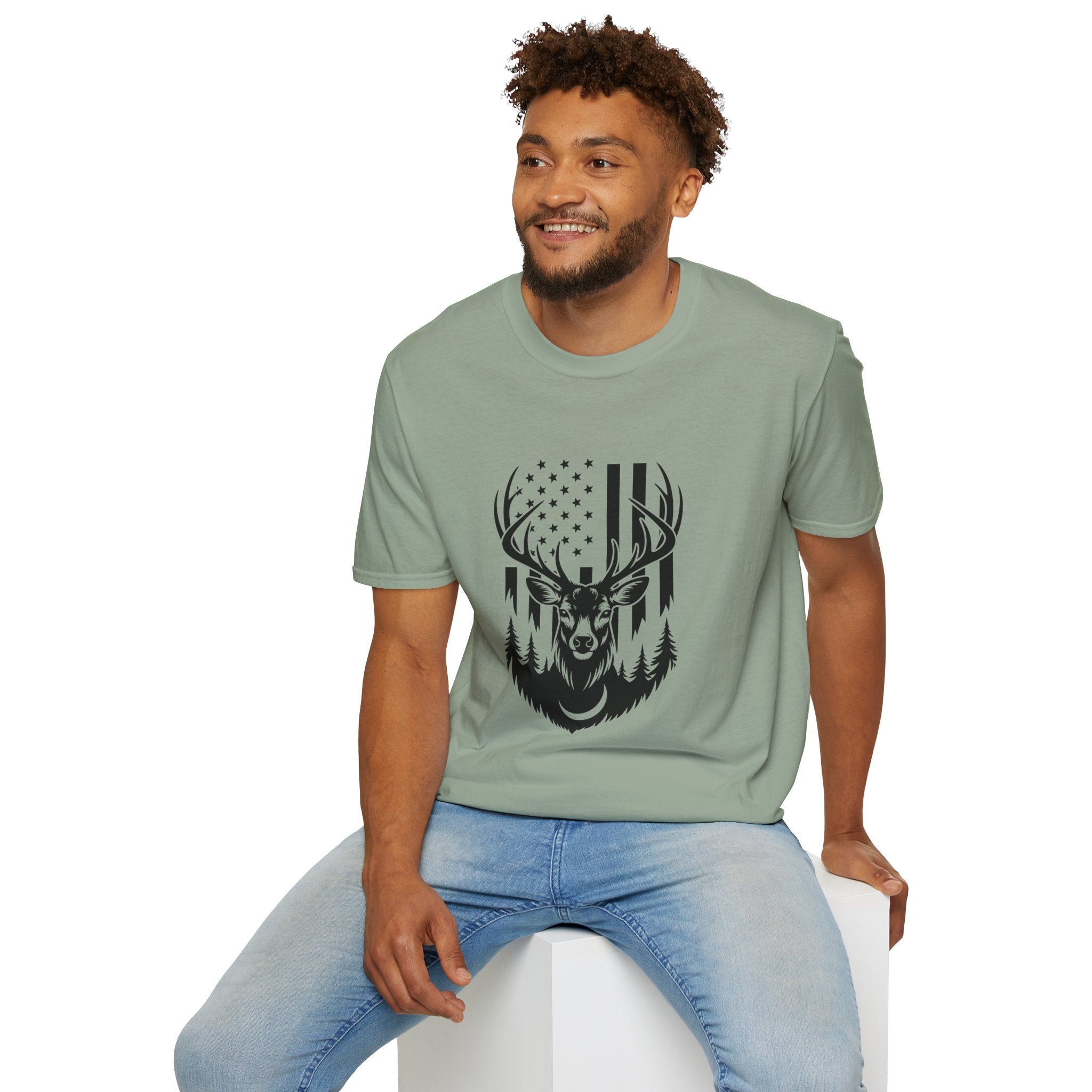 Rustic American Flag Buck T-Shirt — Patriotic Hunting Gift for Men Wildlife Tee