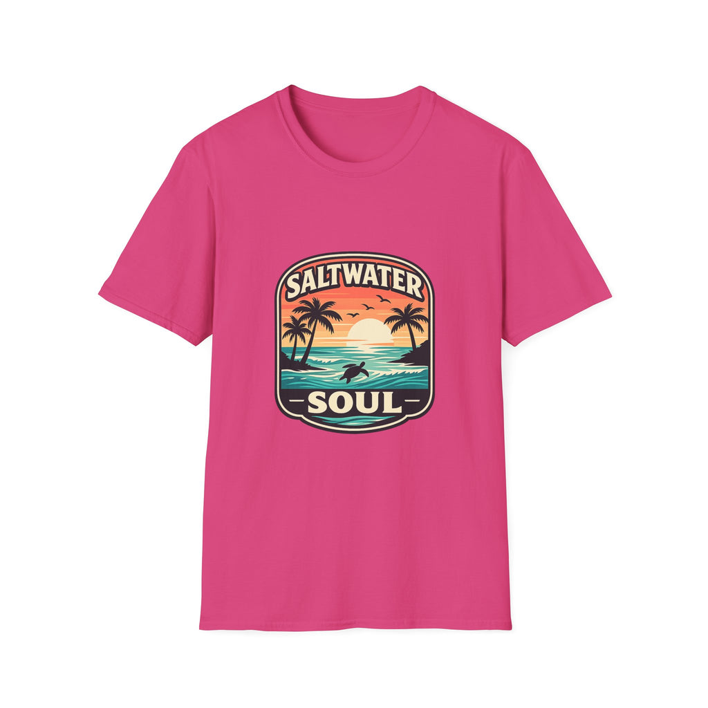 Saltwater Soul Retro Beach T-Shirt — Cute Coastal Gift for Women Sunset Palm Tee