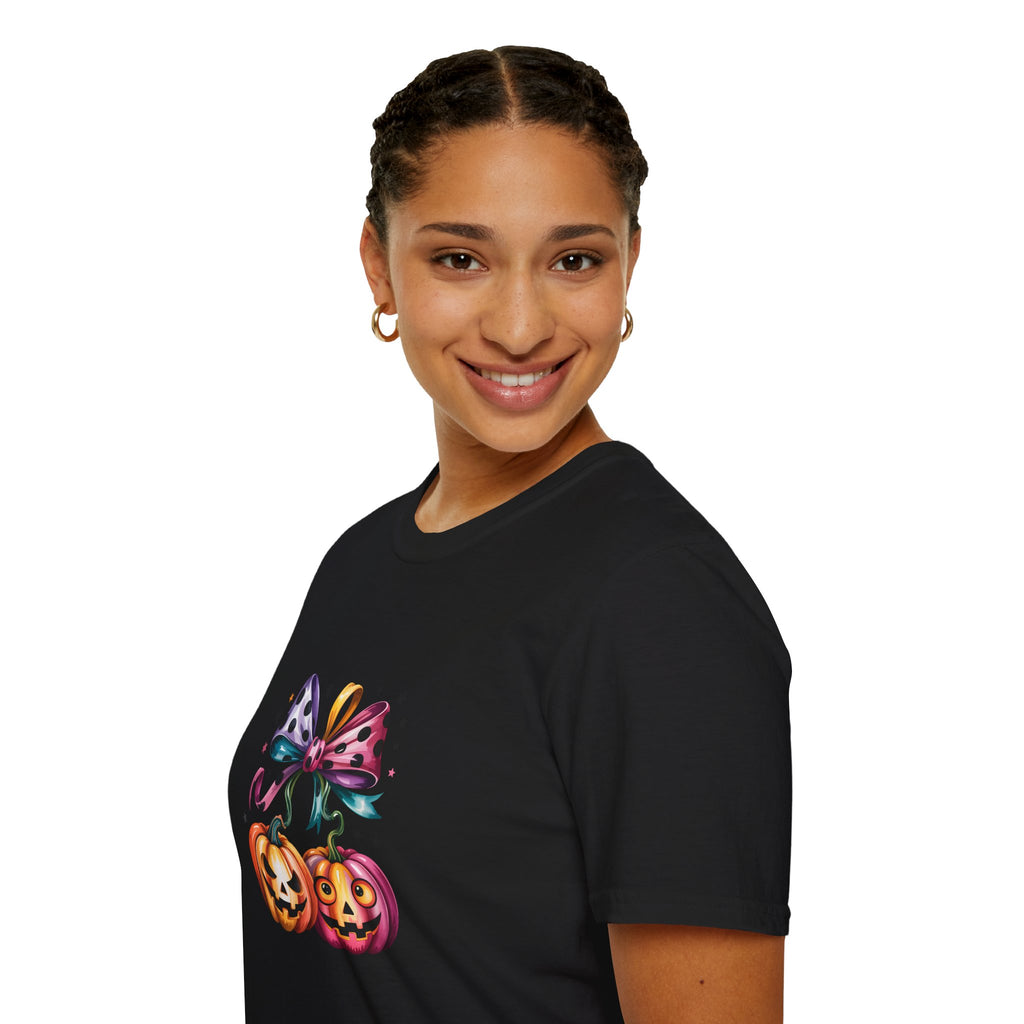 Halloween Pumpkin Bow T-Shirt — Cute Colorful Gift for Women Jack-O'-Lantern Tee