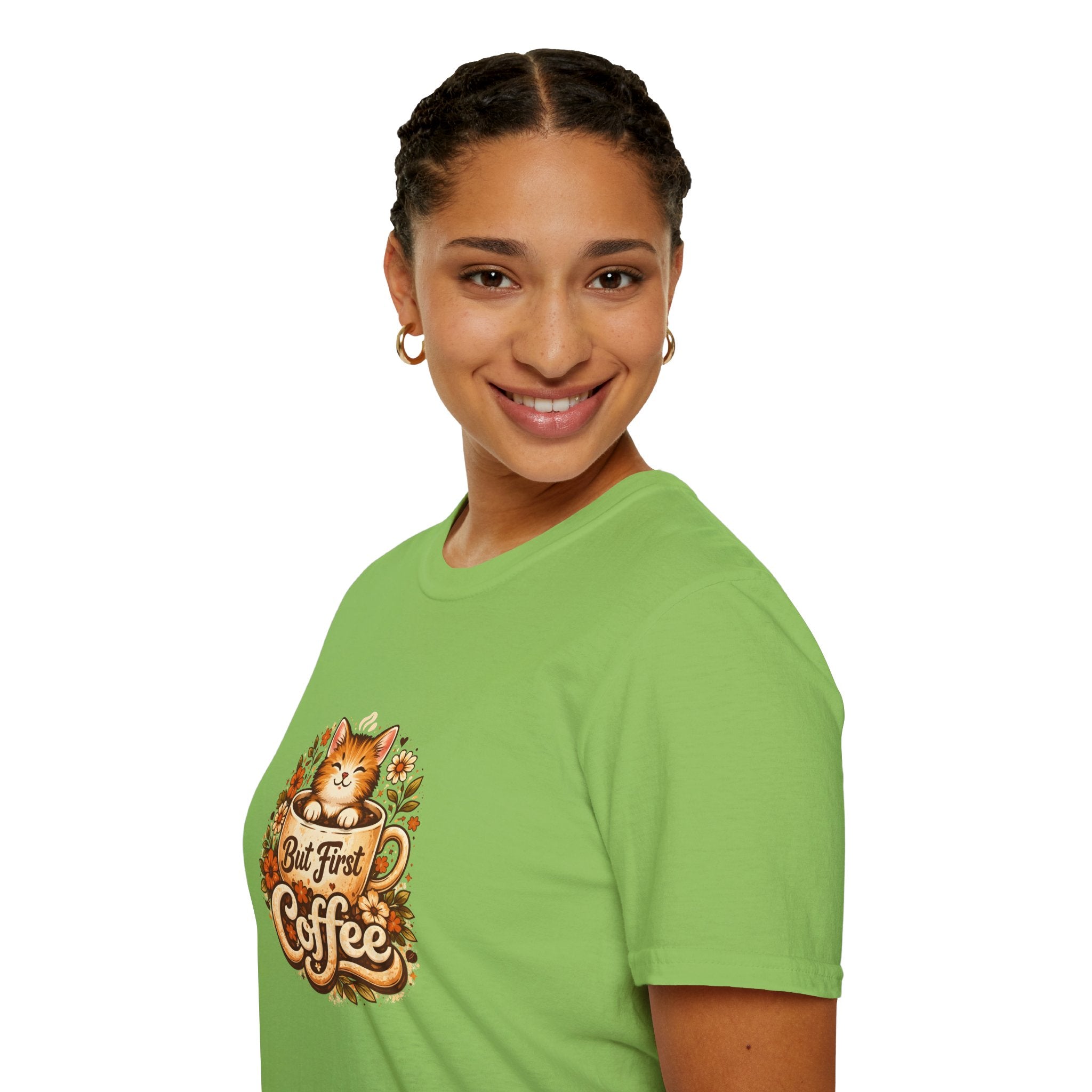 But First Coffee Cat T-Shirt — Cute Floral Gift for Coffee Lovers Women's Tee