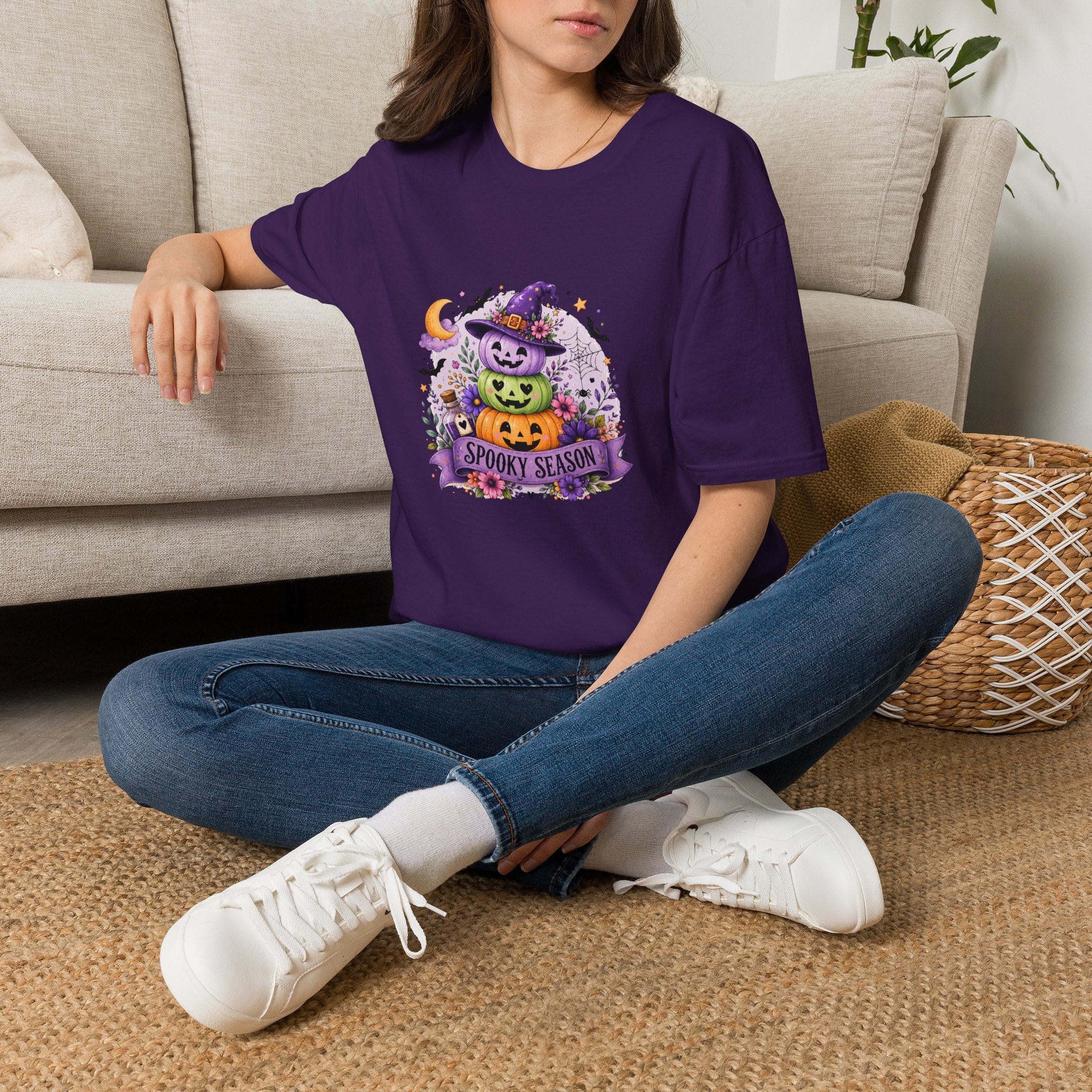 Spooky Season Pumpkin Stack T-Shirt — Cute Halloween Gift for Women Witch Hat Tee