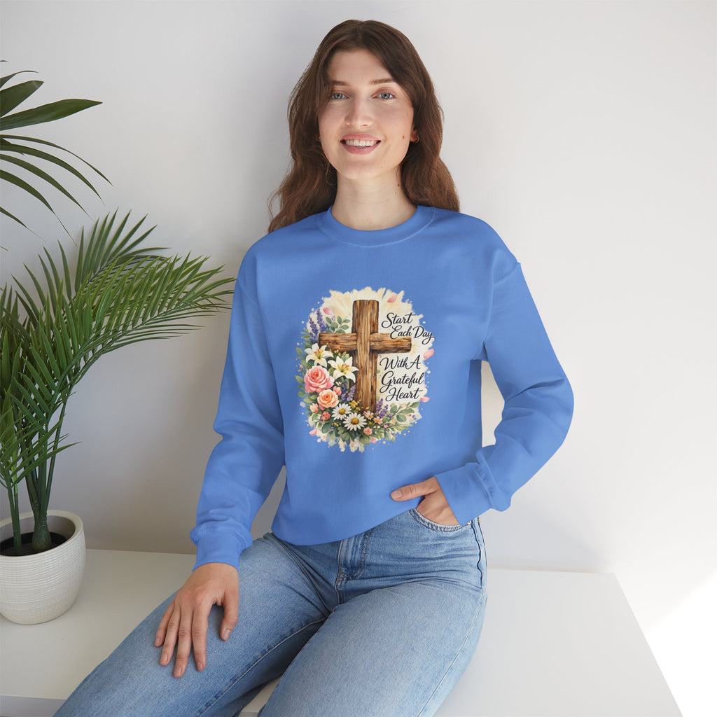 Christian Crewneck Sweatshirt — "Start Each Day with a Grateful Heart" Floral Cross