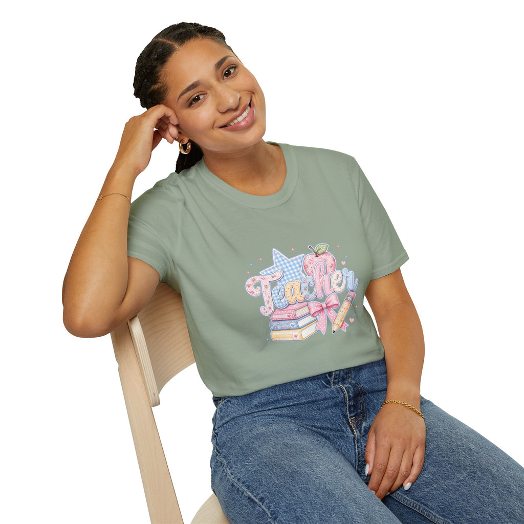 Cute Pastel Apple & Books Teacher T-Shirt — Funny Back-to-School Gift Graphic Tee