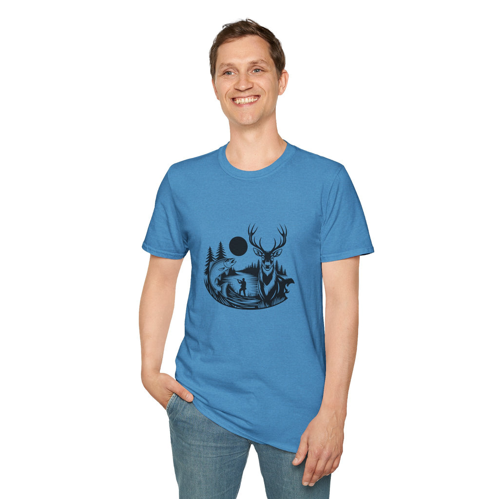 Deer & Fish Forest Silhouette T-Shirt — Rustic Outdoor Gift for Hunters Graphic Tee