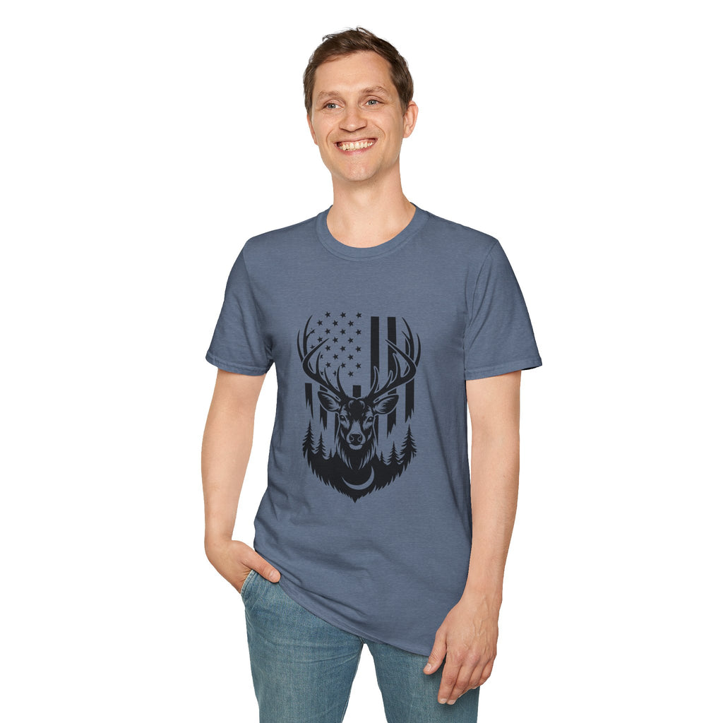 Rustic American Flag Buck T-Shirt — Patriotic Hunting Gift for Men Wildlife Tee
