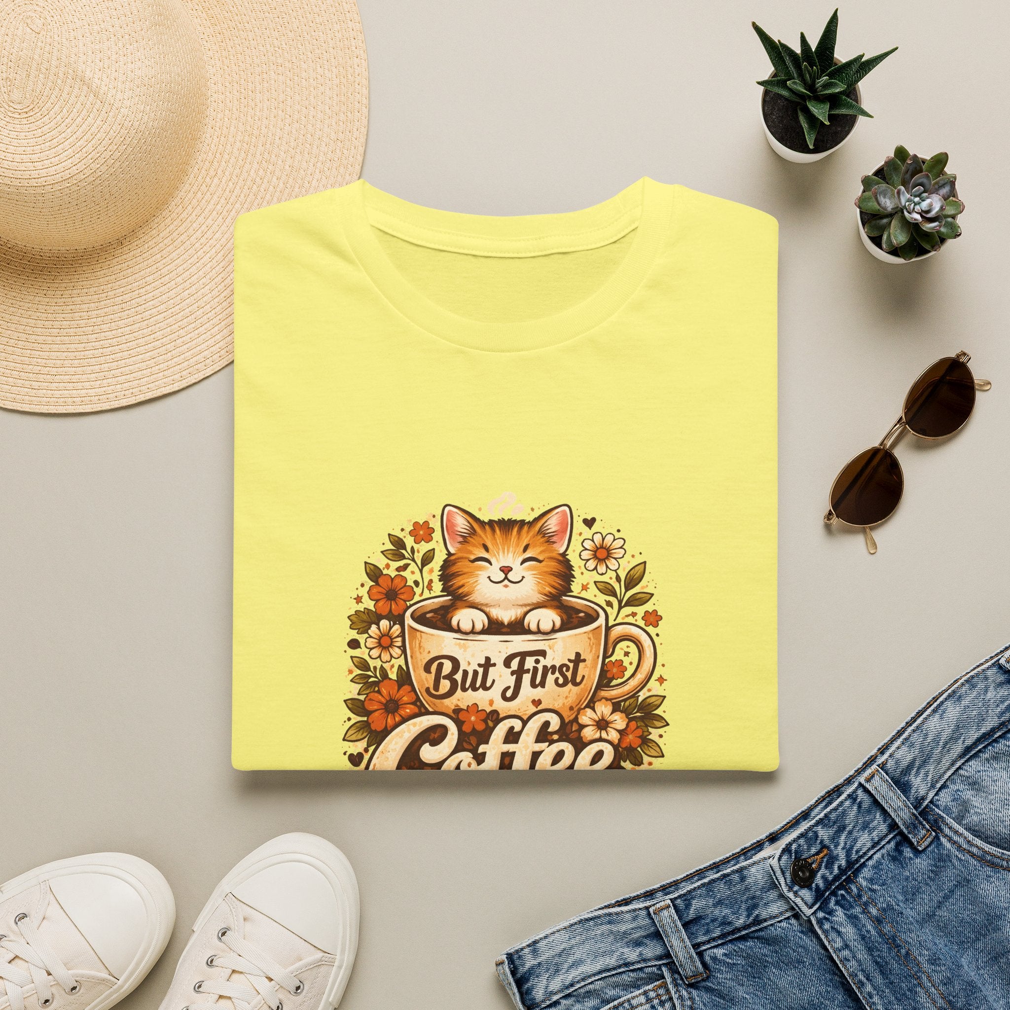 But First Coffee Cat T-Shirt — Cute Floral Gift for Coffee Lovers Women's Tee