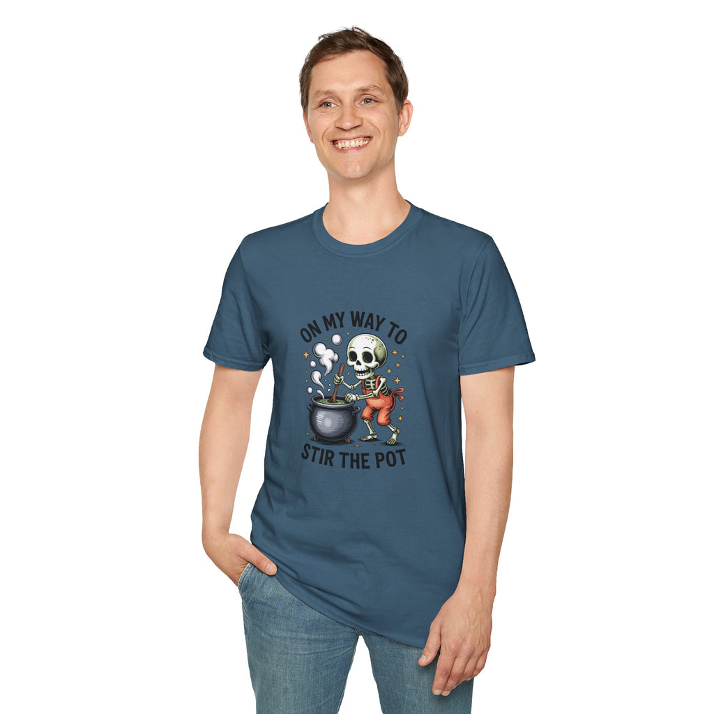 On My Way to Stir the Pot Skeleton T-Shirt — Funny Halloween Gift for Women