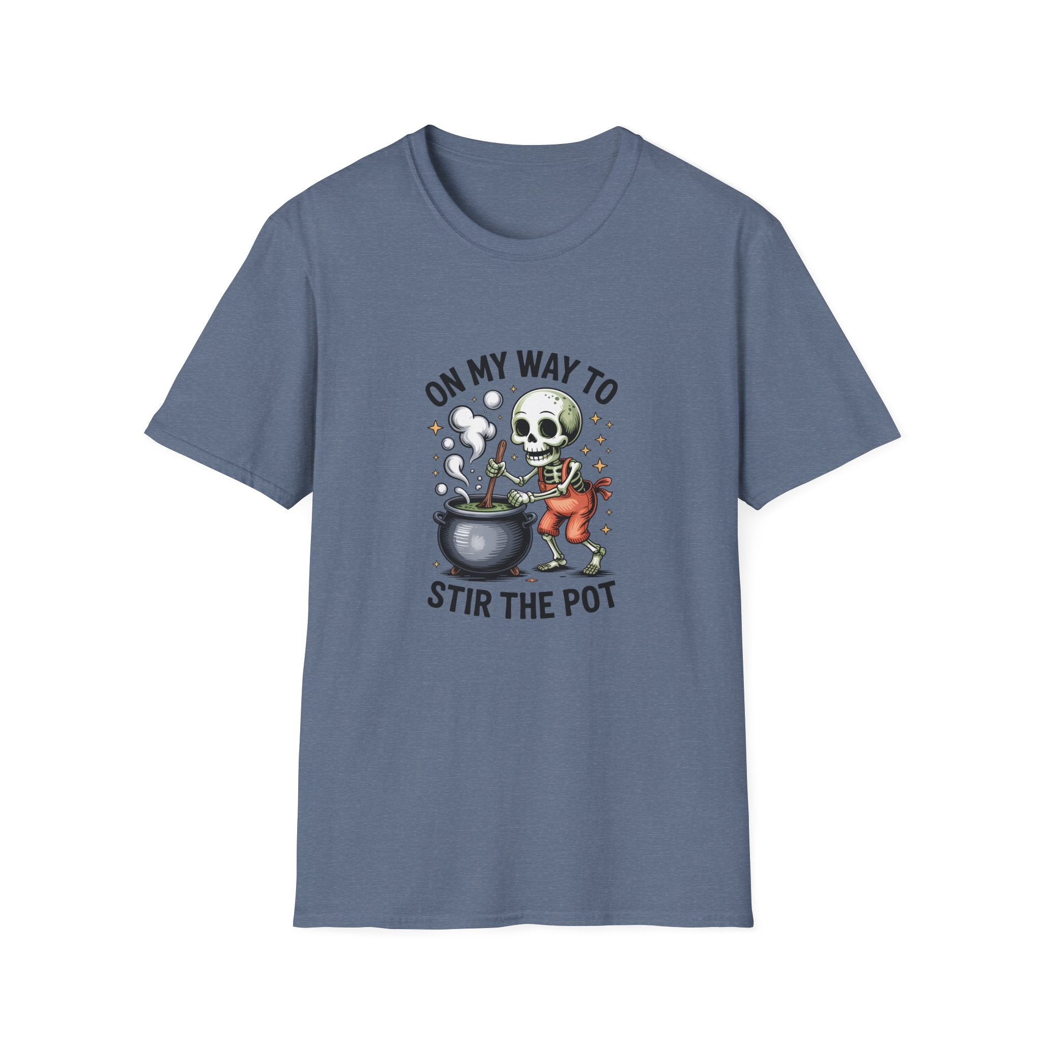 On My Way to Stir the Pot Skeleton T-Shirt — Funny Halloween Gift for Women