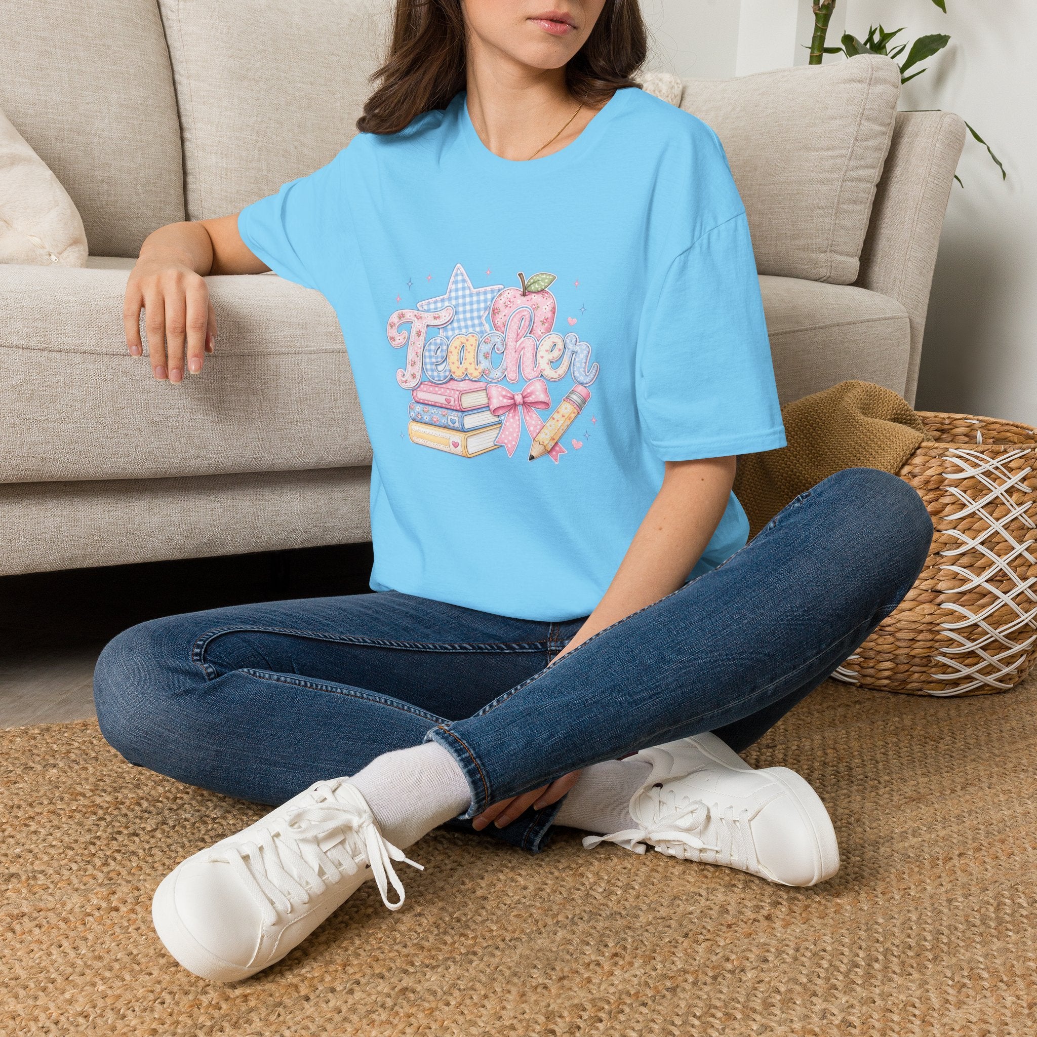 Cute Pastel Apple & Books Teacher T-Shirt — Funny Back-to-School Gift Graphic Tee