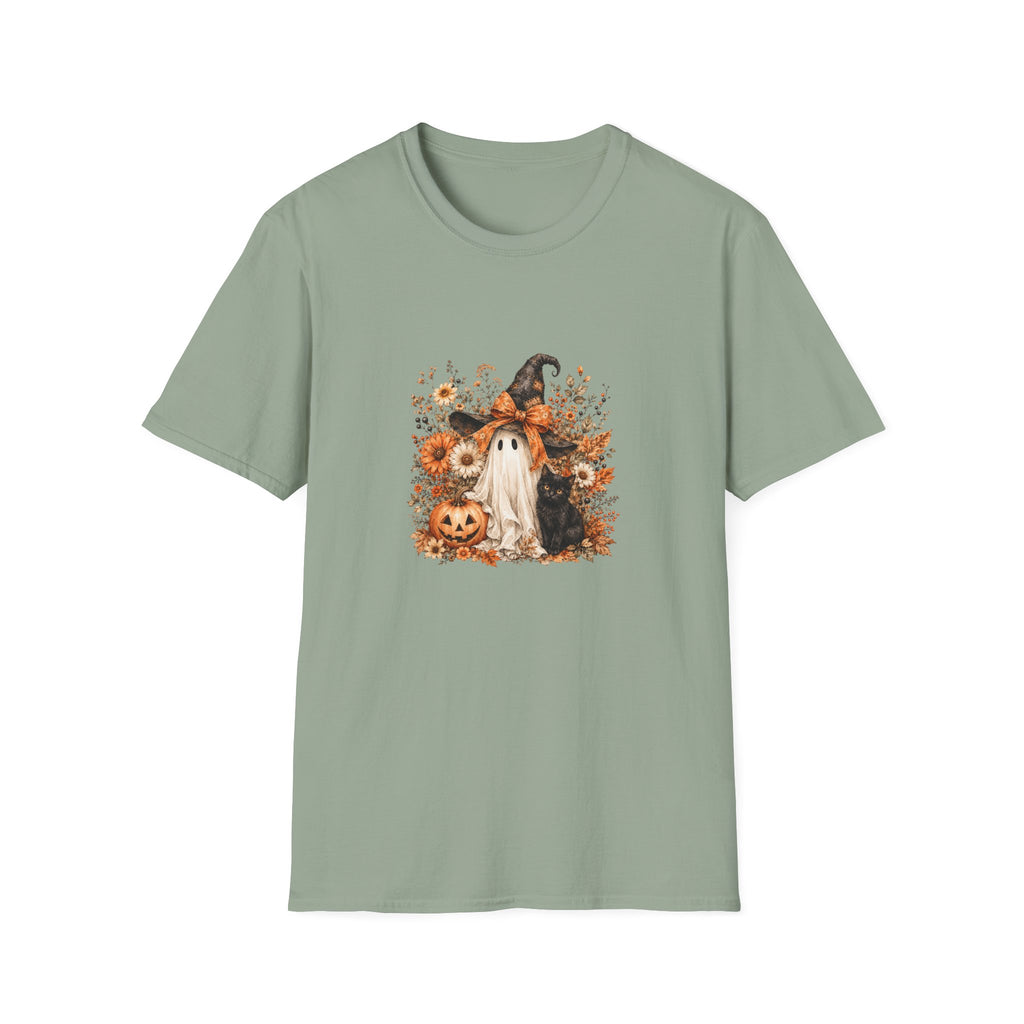 Halloween Witch Ghost & Cat T-Shirt — Cute Spooky Gift for Women Fall Floral Tee