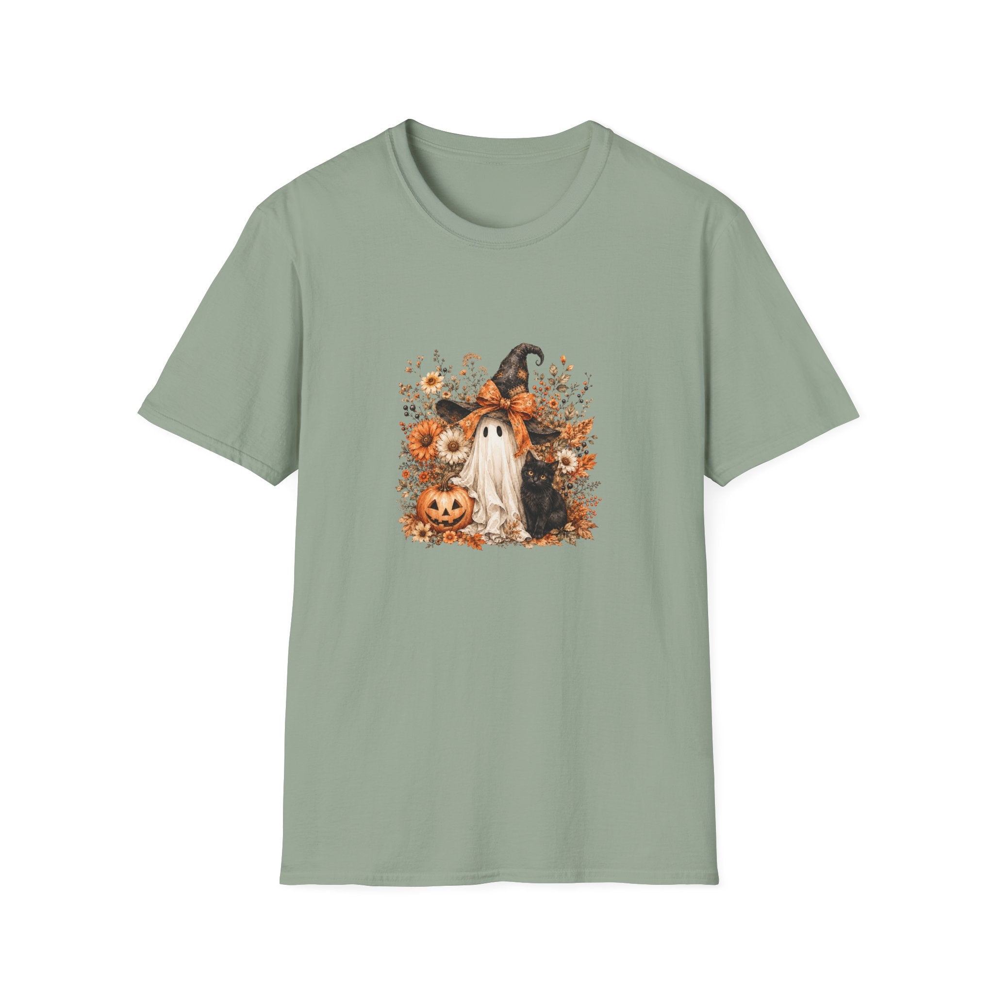 Halloween Witch Ghost & Cat T-Shirt — Cute Spooky Gift for Women Fall Floral Tee