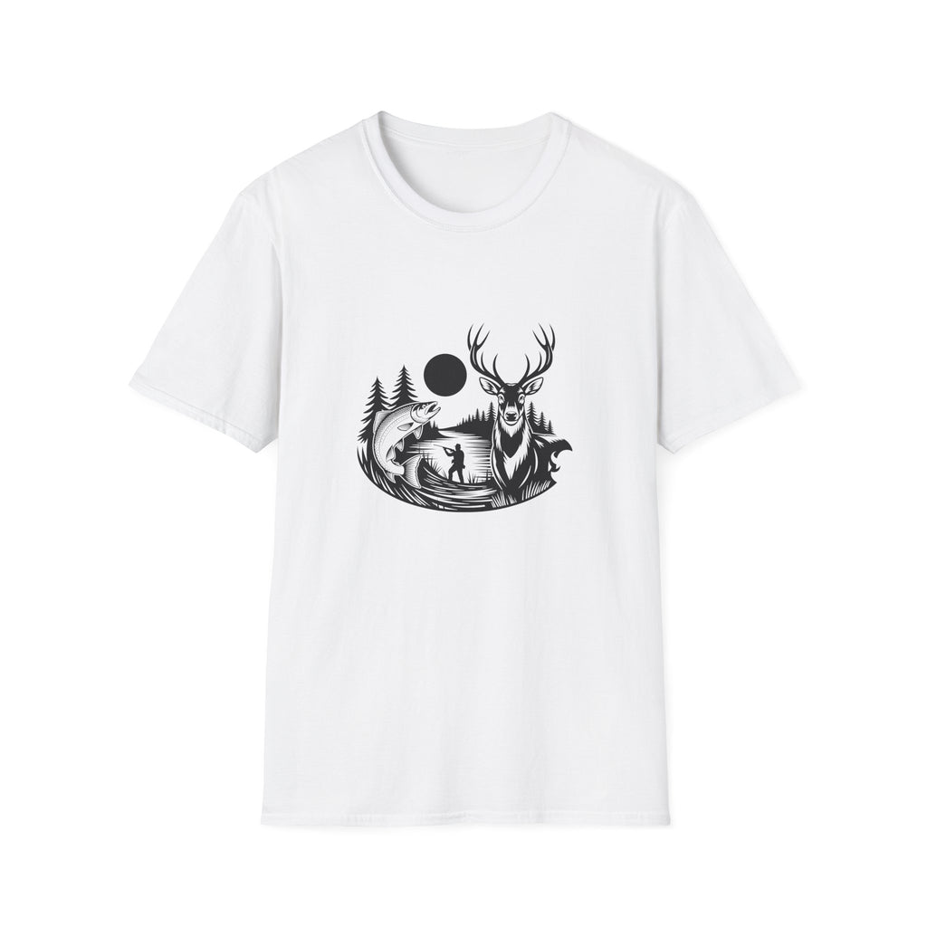 Deer & Fish Forest Silhouette T-Shirt — Rustic Outdoor Gift for Hunters Graphic Tee