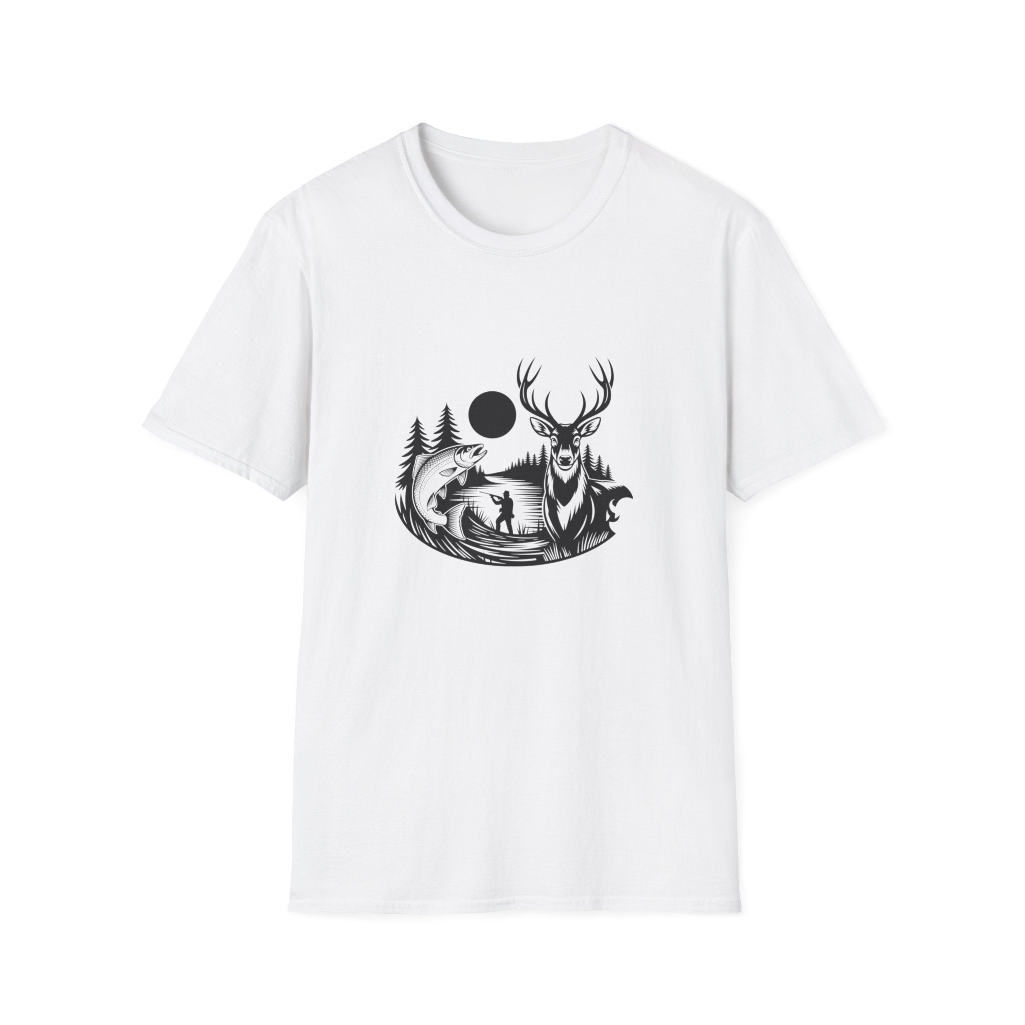 Deer & Fish Forest Silhouette T-Shirt — Rustic Outdoor Gift for Hunters Graphic Tee