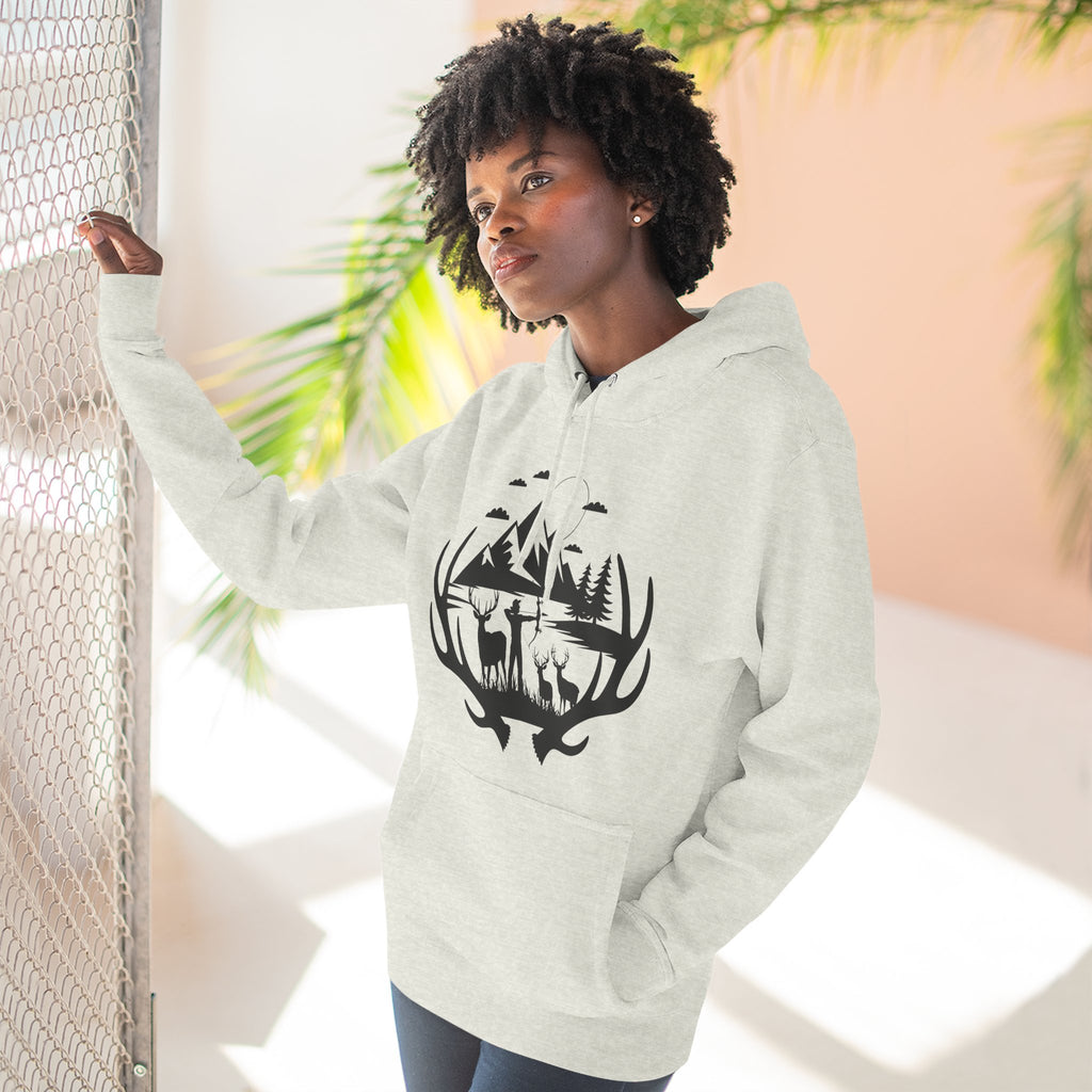 Deer Antler Mountain Hoodie — Rustic Outdoor Gift for Him Wildlife Graphic Pullover
