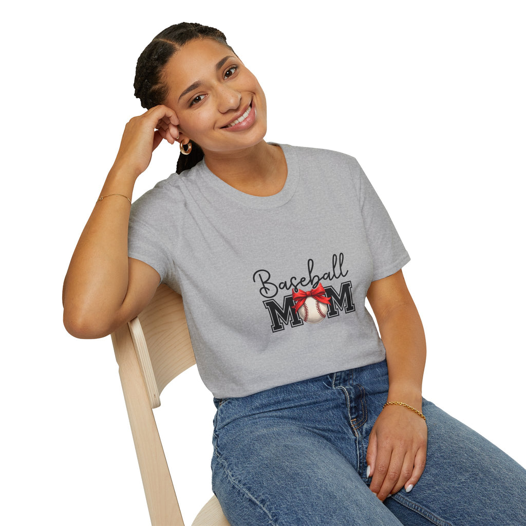 Baseball Mom T-Shirt — Cute Red Bow Gift for Sports Moms Game Day Graphic Tee
