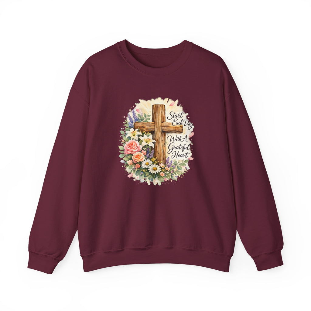 Christian Crewneck Sweatshirt — "Start Each Day with a Grateful Heart" Floral Cross